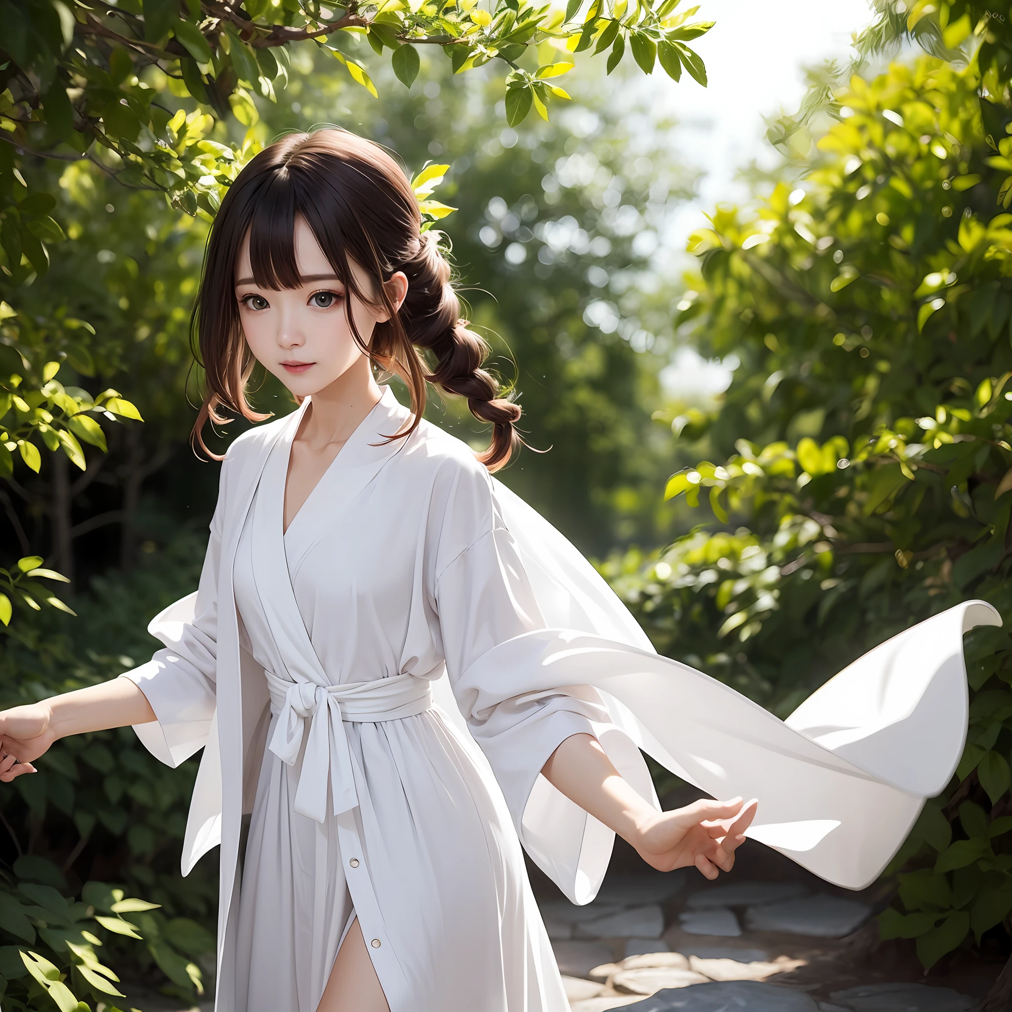 ((1girly))、Light magic、Wearing a white robe made of light、magical forest、flow、(((firey))magic)、(((Flowing hairstyle)))、(((shinning eyes)))、((vokeh))、Depth-of-field、, short hairs, Nice hairstyle, Nice clothes