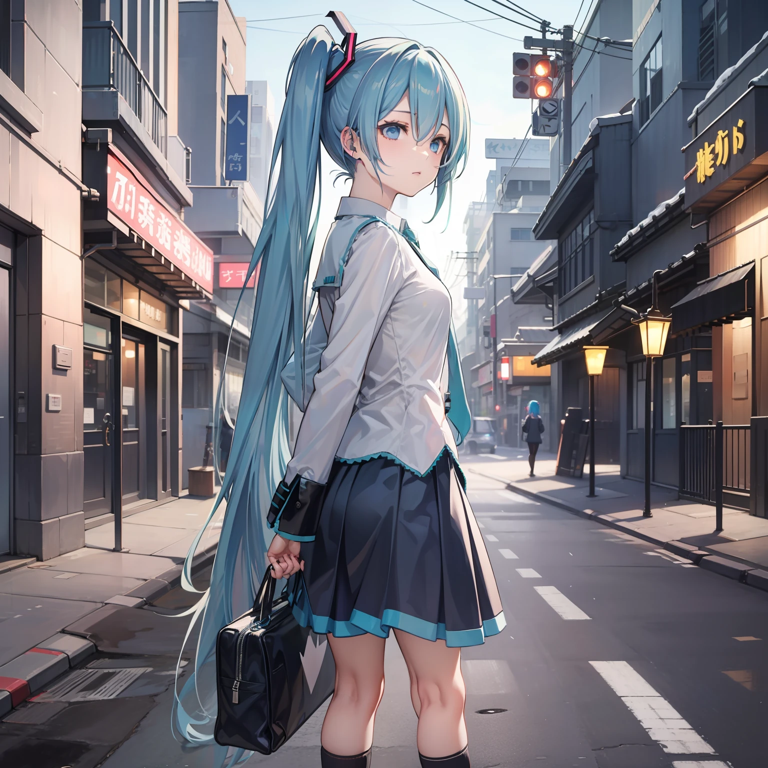 Hatsune Miku standing in profile with empty eyes、full - body、In the street、night、High School Uniform