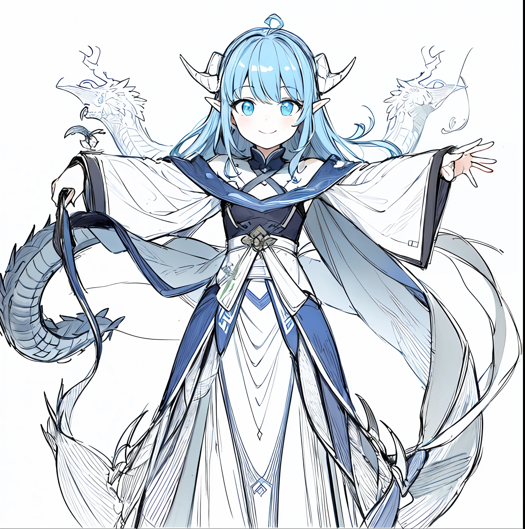 A girl with two dragon horns on her head stood there，A smile on his face，Happy expression，杰作, need, 1girls, Solo, Ancient bloating, Blue elf hair, simplebackground, White background, flat-colors, Line drawings, ((sketch))