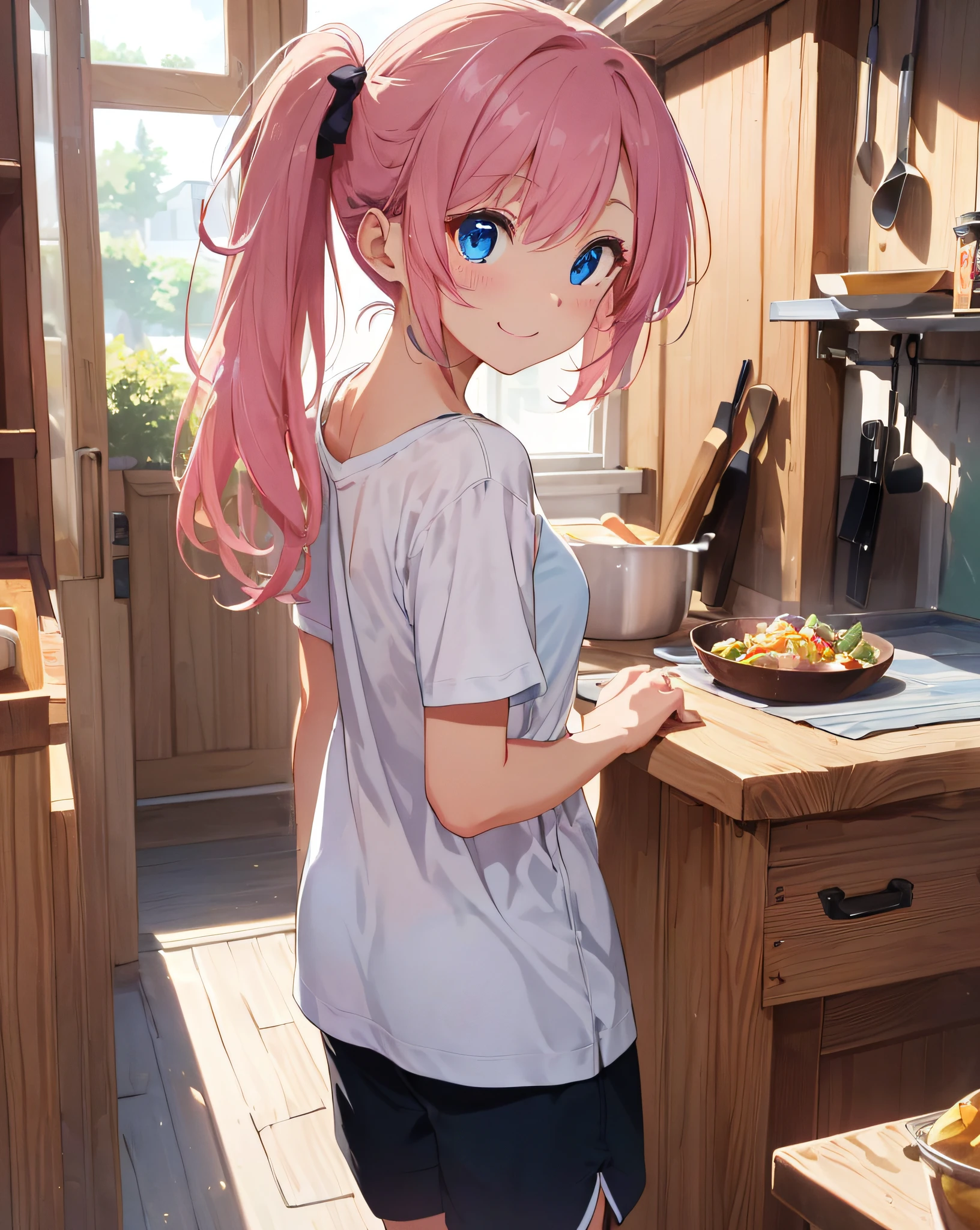 ((masterspiece))、((beste Quality)、(Super Detail)、8K、Delicate depictions are filmed in anime style。
(extra very long hair、Pink hair and bright blue eyes、）(twintails)Her blue eyes are highlighted。
The overall tone is brighter、she is smiling。
((Dressed in a white T-shirt and shorts))、((Summer kitchen))、((Fantastic.))、((ful body))、I'm surprised when I cook、((Looking back from behind))