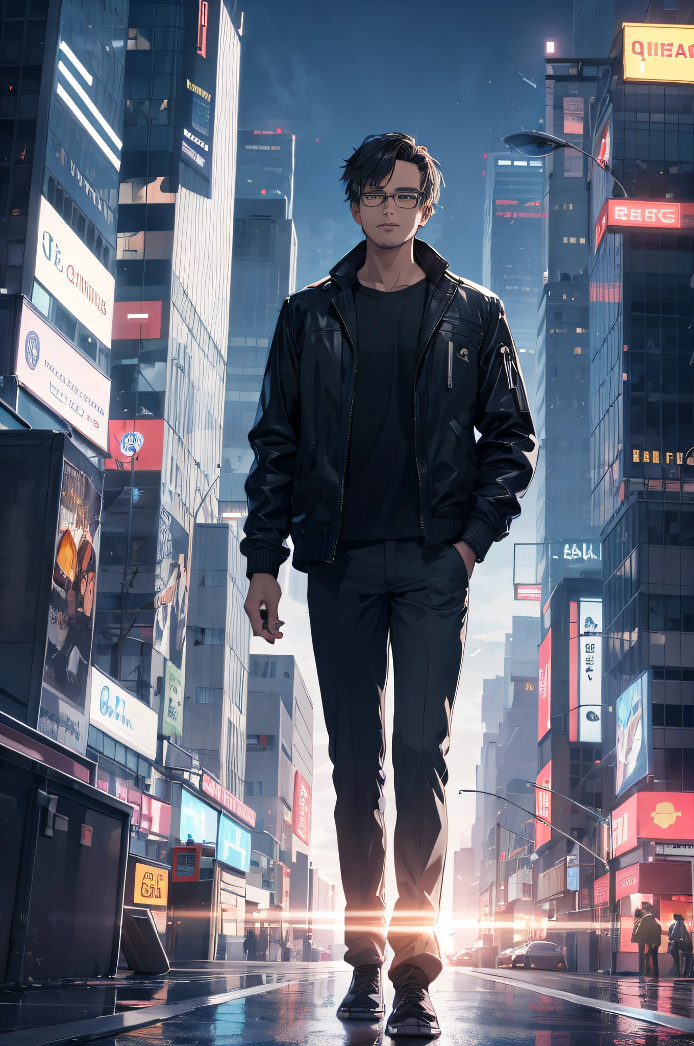 A man in a black jacket and glasses stands in front of a futuristic city,mais fundo no metaverso que vamos