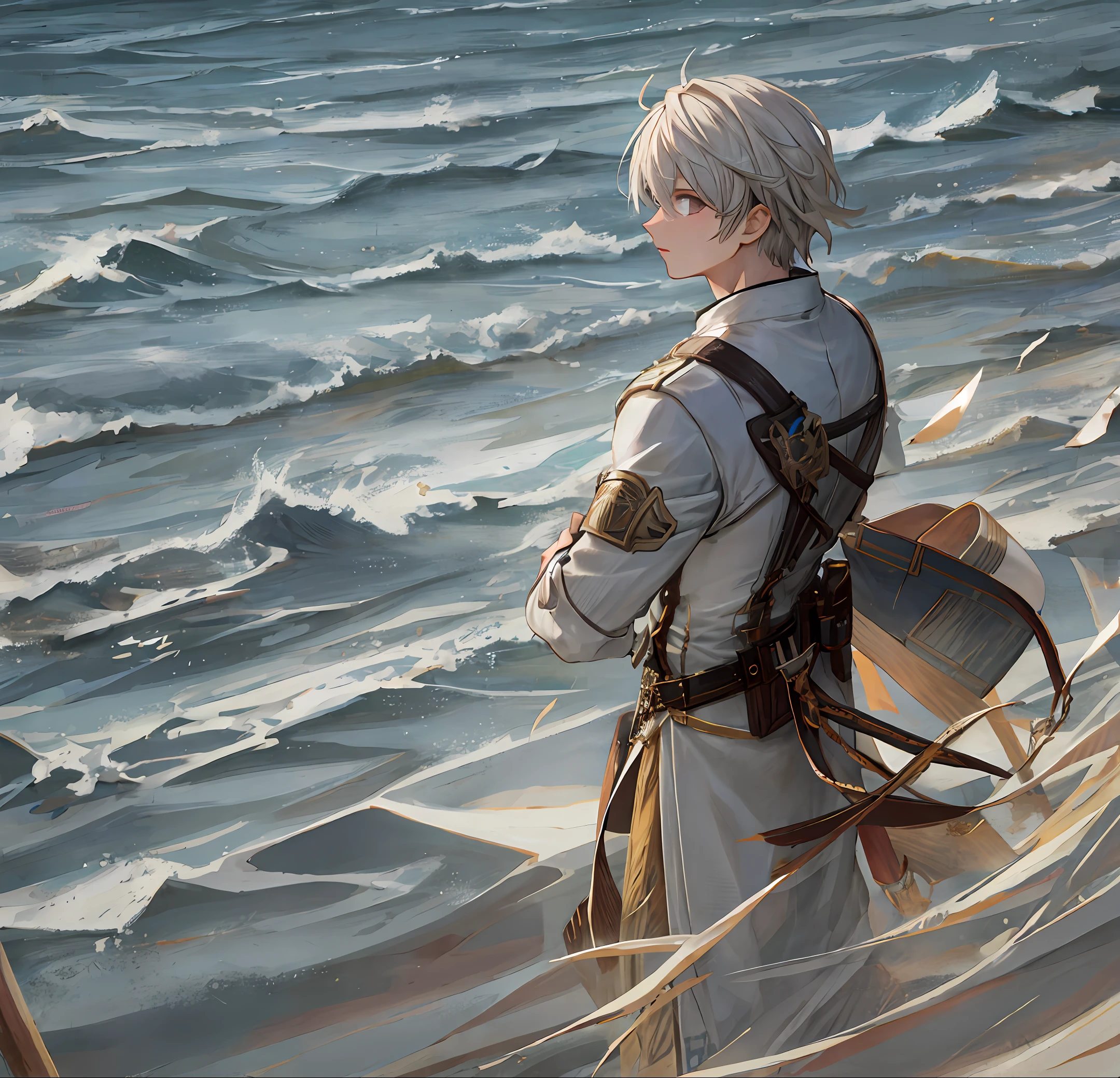 Highres, Sharp Focus, Pixiv Masterpiece, ((detalhes intrincados)), altamente detalhado, lag_seeing, 1Boy, kalap, cachecol, cabelo ao vento, Luvas, cabelo branco, cinto, olhos roxos, capelet branco