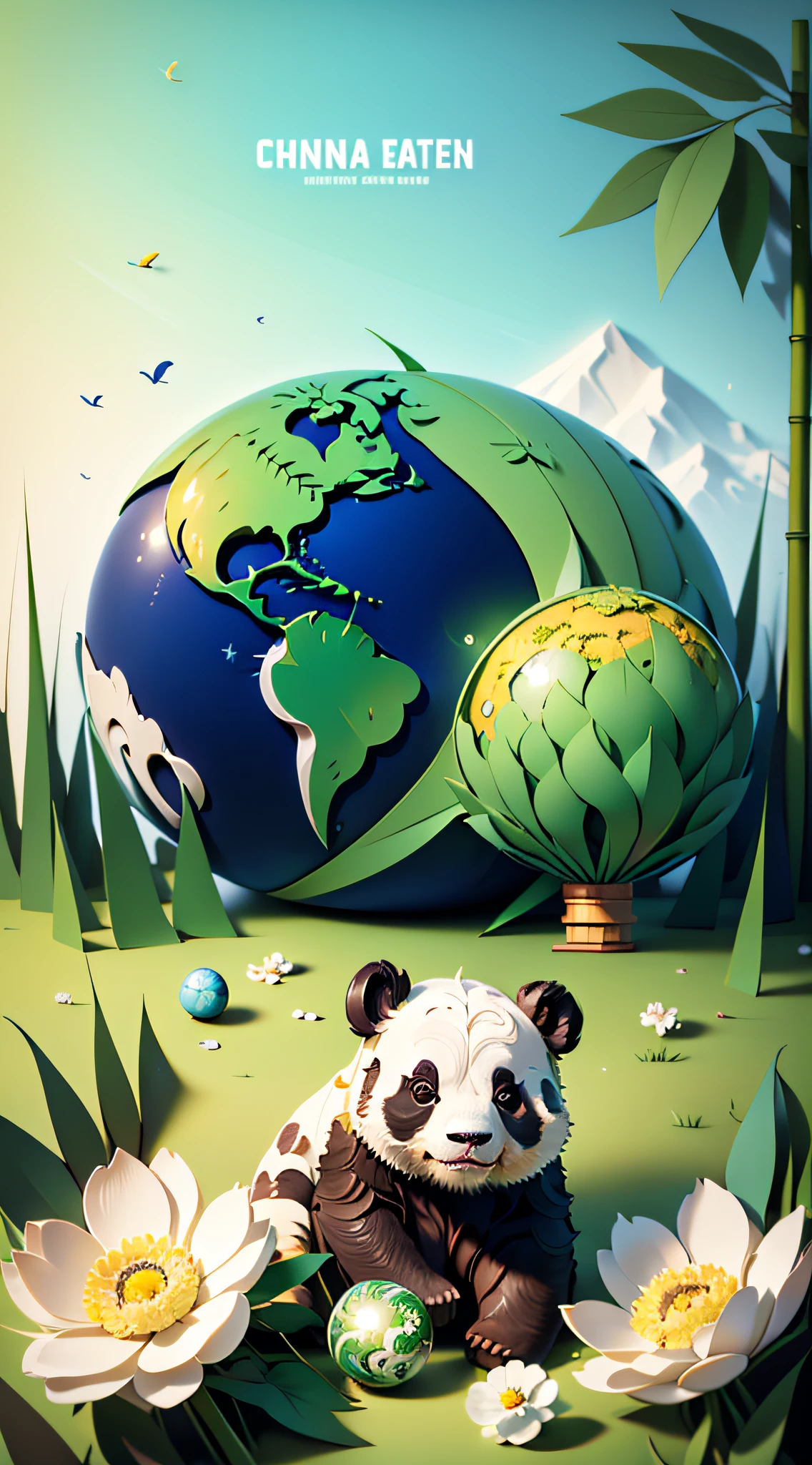 Earth Day poster, flat illustration, super cute Chinese giant panda eating bamboo, other small cute animals sitting around, in green spherical earth, trees, flowers, landscapes, blue, green, yellow, simple background, center composition, bright colors, light and shade contrast, ultra high detail, 4k, flat illustration