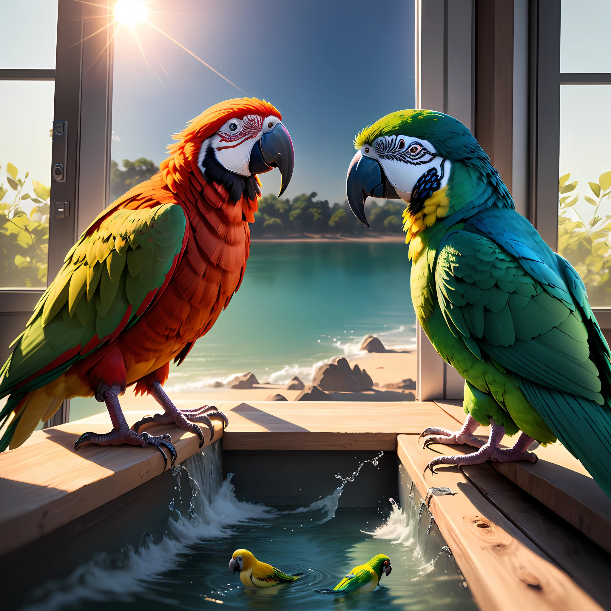 A pair of parrots，Look at each other，there are waters，Hyper-real，reality，Photorealistic rendering，meticulous，Best quality，Ultra HDR，Background with window，Sun exposure，photonmapping