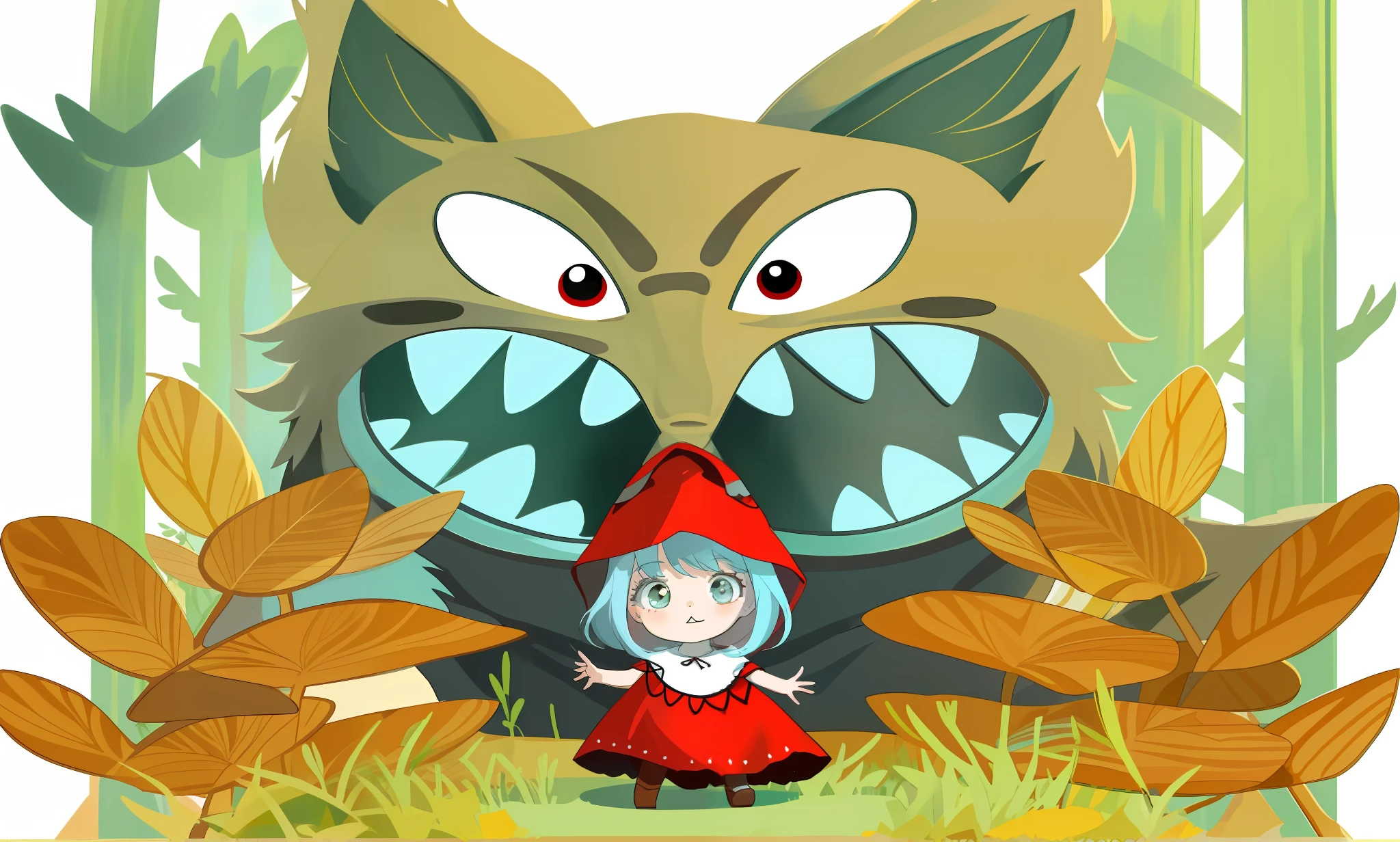 (The Masterpiece,Top quality,best qulity,officlal art,Beautiful and aesthetic:1.2),there is a cartoon picture of a and a big wolf, big bad wolf, red riding hood, fairy-tale illustration style, woods,cute-style