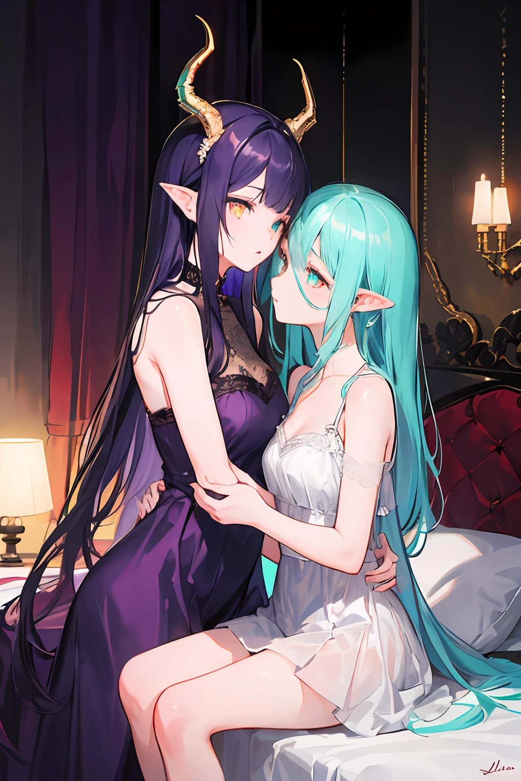 (((2 girls))),ray tracing, (dim light), [realistic] ((detailedbackground(bedroom)))
BREAK
(((girl1 has long purple hair, golden eyes, dragon horns, pointed ears))
BREAK
((girl2 has long black hair, turquoise eyes, normal ears))
BREAK
in the ominous bedroom, looking at each other passionately, sitting in quite intimate contact each other, correct limbs