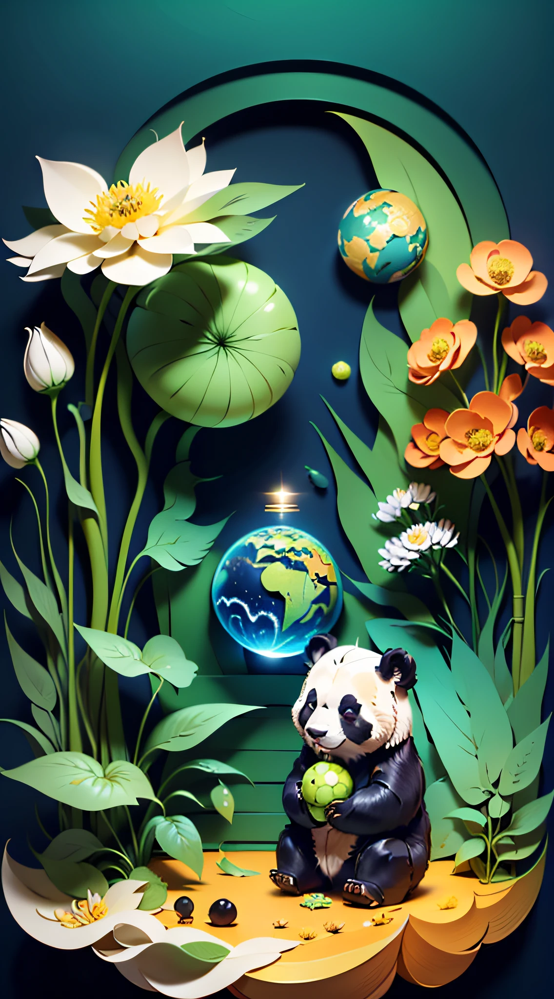 Earth Day poster, flat illustration, super cute Chinese giant panda eating bamboo, other small cute animals sitting around, in green spherical earth, trees, flowers, landscapes, blue, green, yellow, simple background, center composition, bright colors, light and shade contrast, ultra high detail, 4k, flat illustration