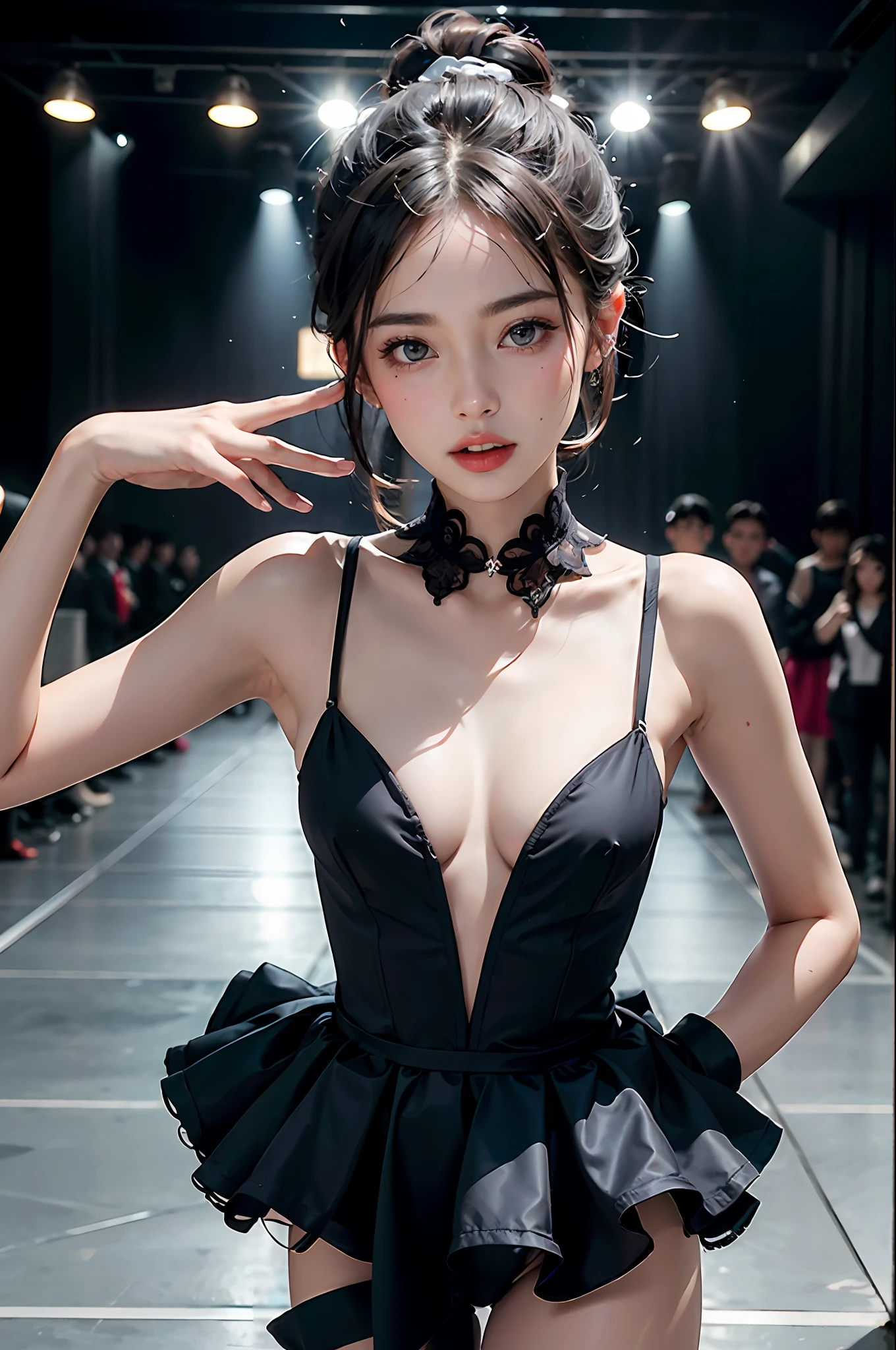 1girls, Ballet dancer, Delicate and beautiful face, get blush, Various hairstyles, Hair strips dyeing,Angry, parted lips, fit body,Black and white tutu, Black boots,perfectly proportioned, Detailed clothing details, Spectators watch,Cinematic lighting, filmgrain, Fujicolor, Contrast of light and shade, 8K, Masterpiece, Textured skin, Super detail, hight detail, High quality, high - resolution,