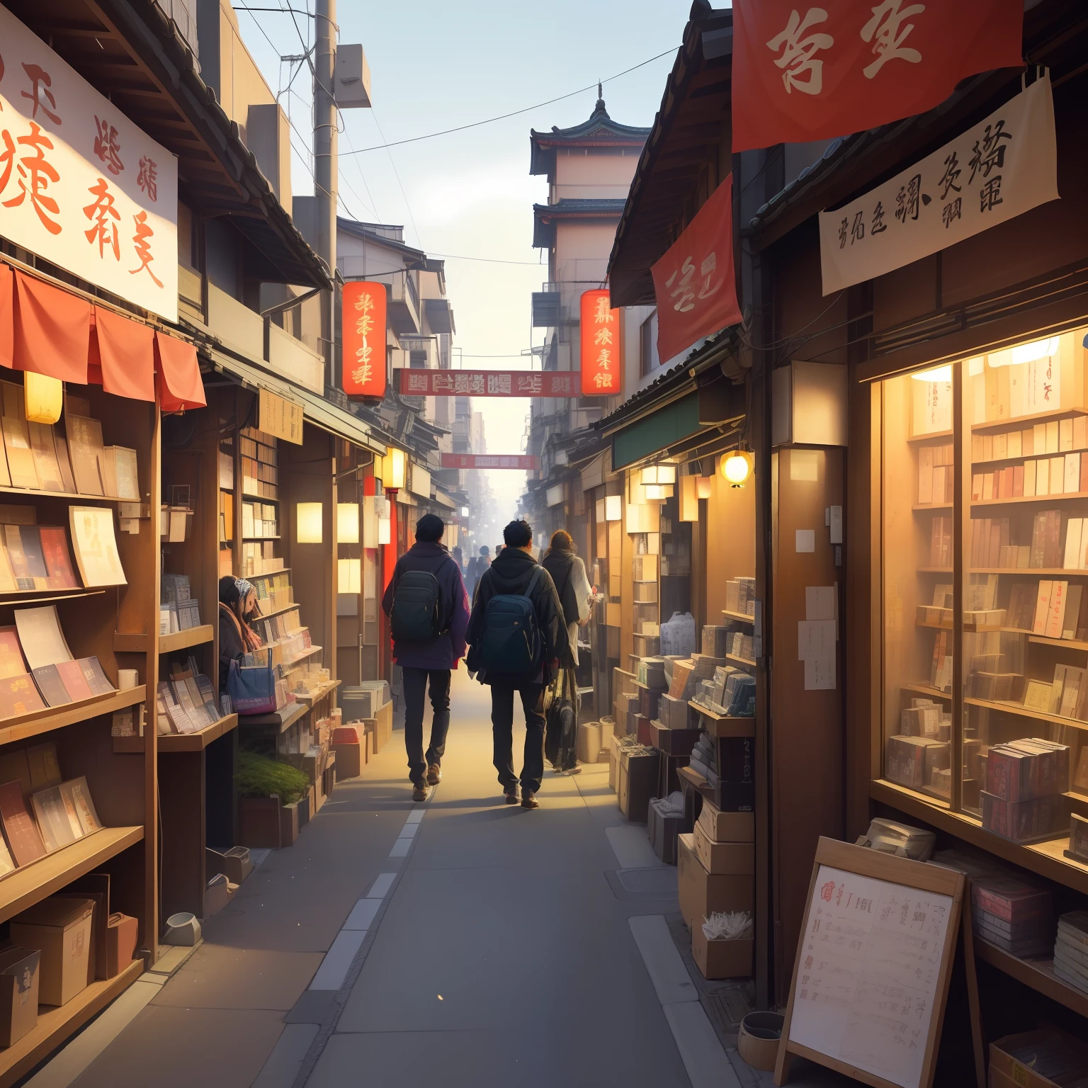 People walk in a narrow alley，The sides are lined with books, Chinese streets, Old Chinese street market, in a narrow chinese alley,Beijing Hutong, japanese downtown, market in japan, dreamy Chinese towns, tokyo anime scene, cyberpunk streets in japan, in a tokyo street, Tokyo Street, in narrow tokyo alleyway, japanese town, japan travel aesthetic, japanese city