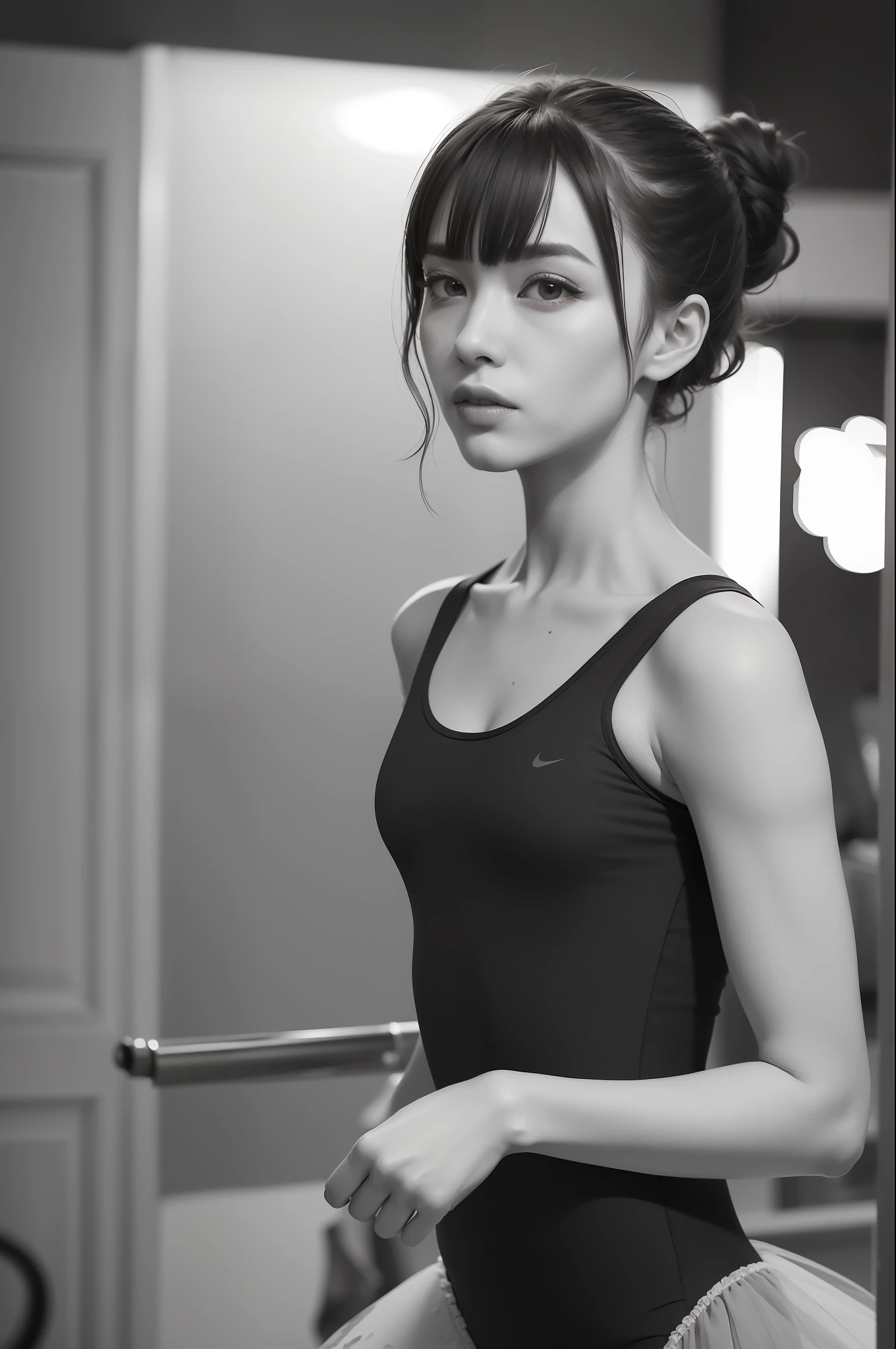 1girls, Ballet dancer, Delicate and beautiful face, get blush, Various hairstyles, Hair strips dyeing,Angry, parted lips, fit body,Black and white tutu, Black boots,perfectly proportioned, Detailed clothing details, Spectators watch,Cinematic lighting, filmgrain, Fujicolor, Contrast of light and shade, 8K, Masterpiece, Textured skin, Super detail, hight detail, High quality, high - resolution,