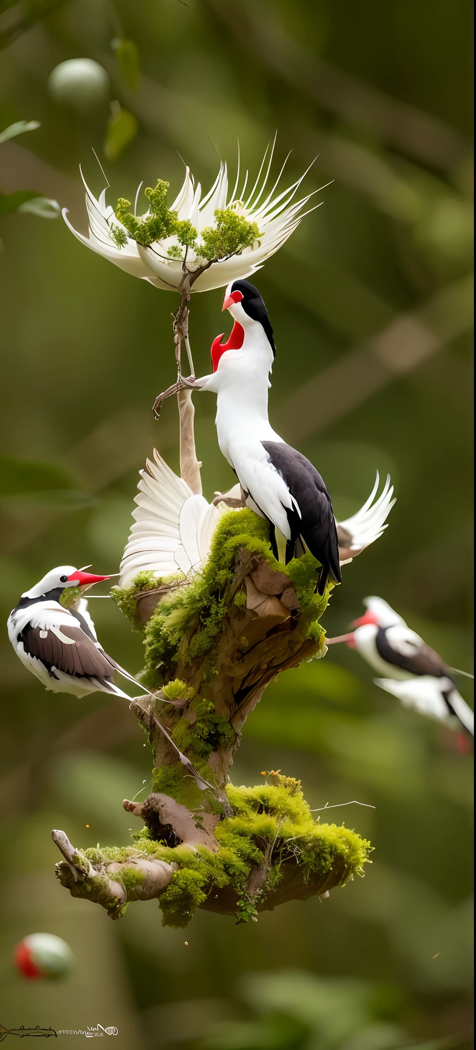 there is a white bird with a long beak standing on a mossy branch, hermoso y elegante, Fotograma del documental Nature, Naturaleza realmente hermosa, Fotograma de un documental de naturaleza, a surrealistic bird, peaceful and graceful, hermosa naturaleza, surrealistic bird, japanese crane bird in center, foto muy bonita, Impresionante naturaleza en el fondo, hd nature photography, rare bird in the jungle