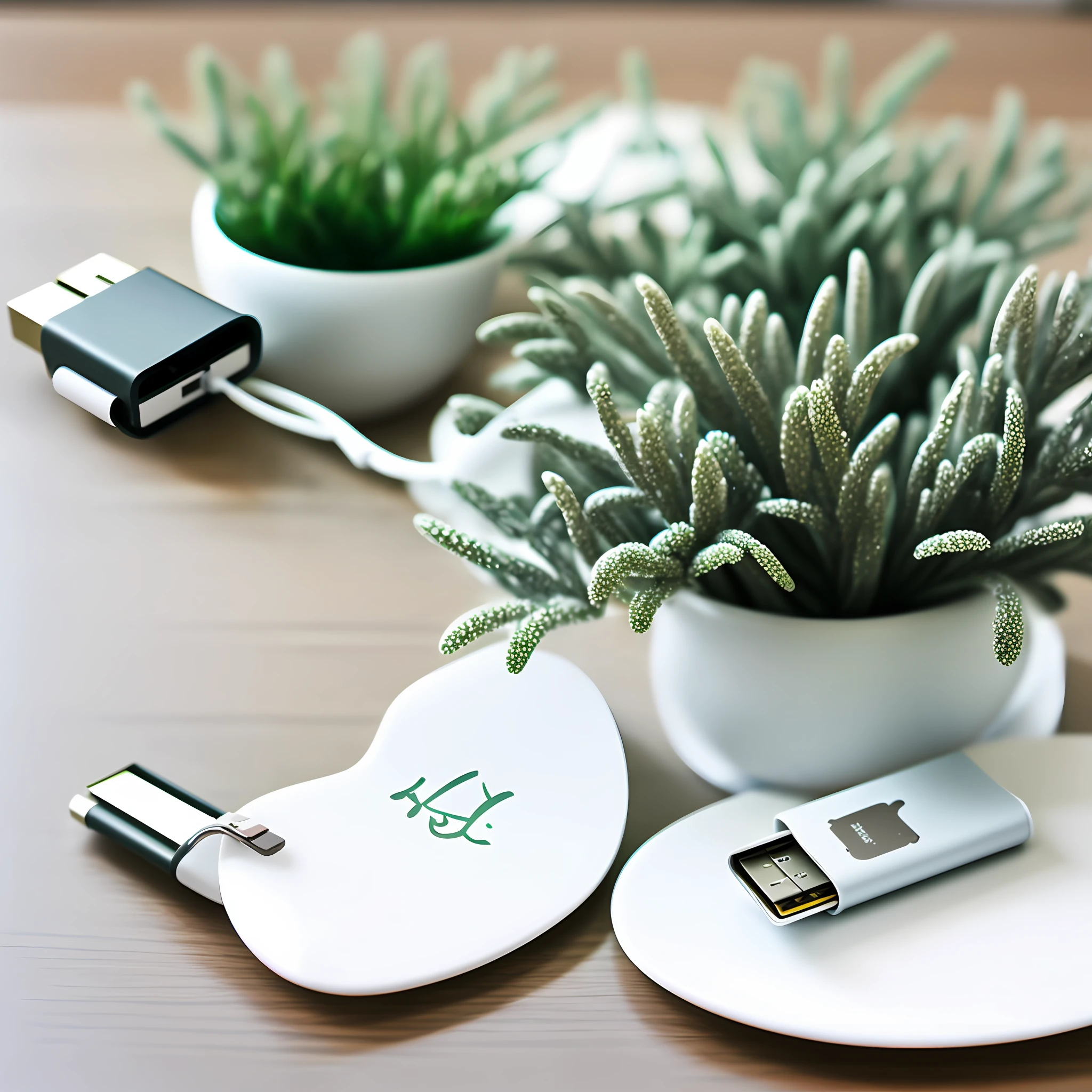 There is a metal USB stick on the table,Give it a close-up,The table top is slightly decorated with greenery。Bright style