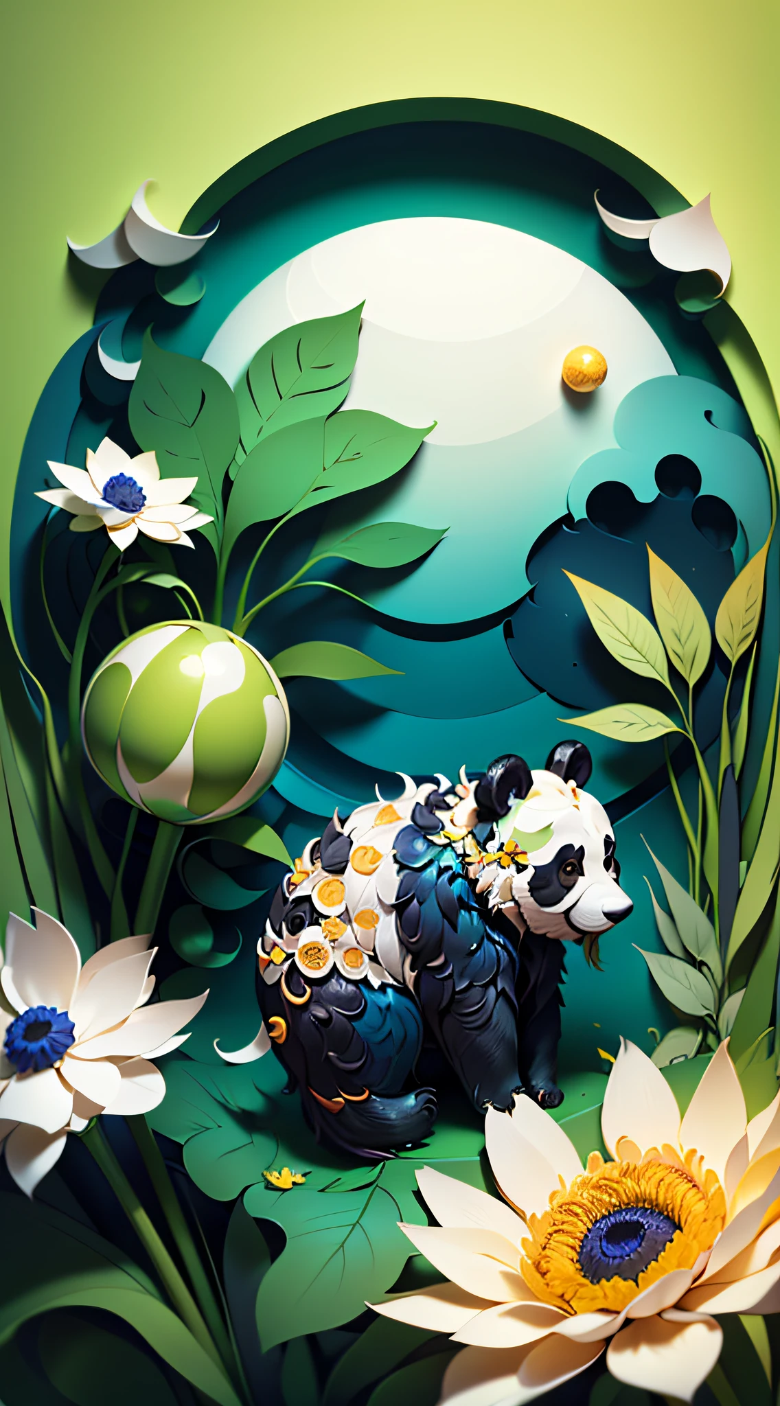 Earth Day poster, Flat illustration, super cute Chinese giant panda eating bamboo, other small cute animals sitting around, in green spherical earth, green trees, Flowers, Landscapes, blue, Green, Yellow, Simple background, Center composition, Bright colors, Contrast of light and shade, ultra high-detail, 4K, Flat illustration