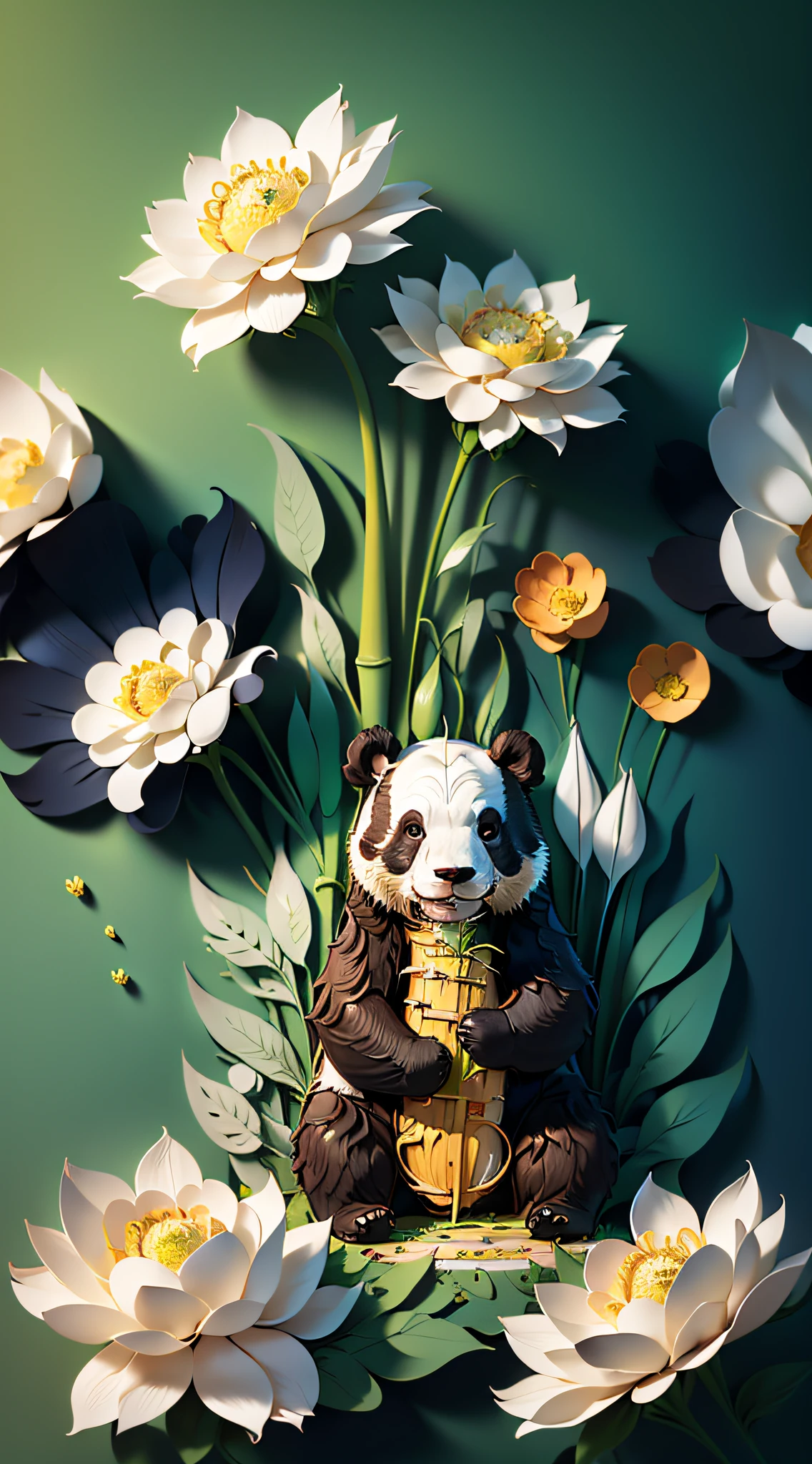 Earth Day poster, Flat illustration, super cute Chinese giant panda eating bamboo, other small cute animals sitting around, in green spherical earth, green trees, Flowers, Landscapes, blue, Green, Yellow, Simple background, Center composition, Bright colors, Contrast of light and shade, ultra high-detail, 4K, Flat illustration