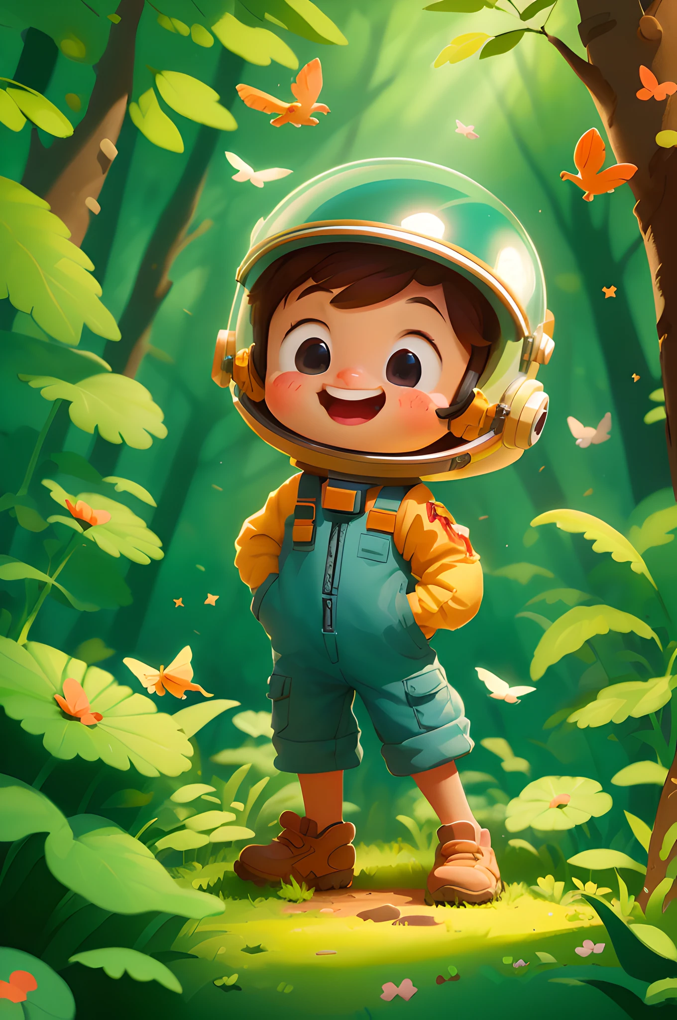 cartoon illustration of a boy in a helmet in a forest, adorable digital painting, childrens art in artstation, cute cartoon character, cute detailed digital art, Cute digital art, cartoon style illustration, by Goro Fujita, american astronaut in the forest, Atey Ghailan 8 K, 2 d illustration, 2d illustration, small astronaut looking up, cartoon digital painting
