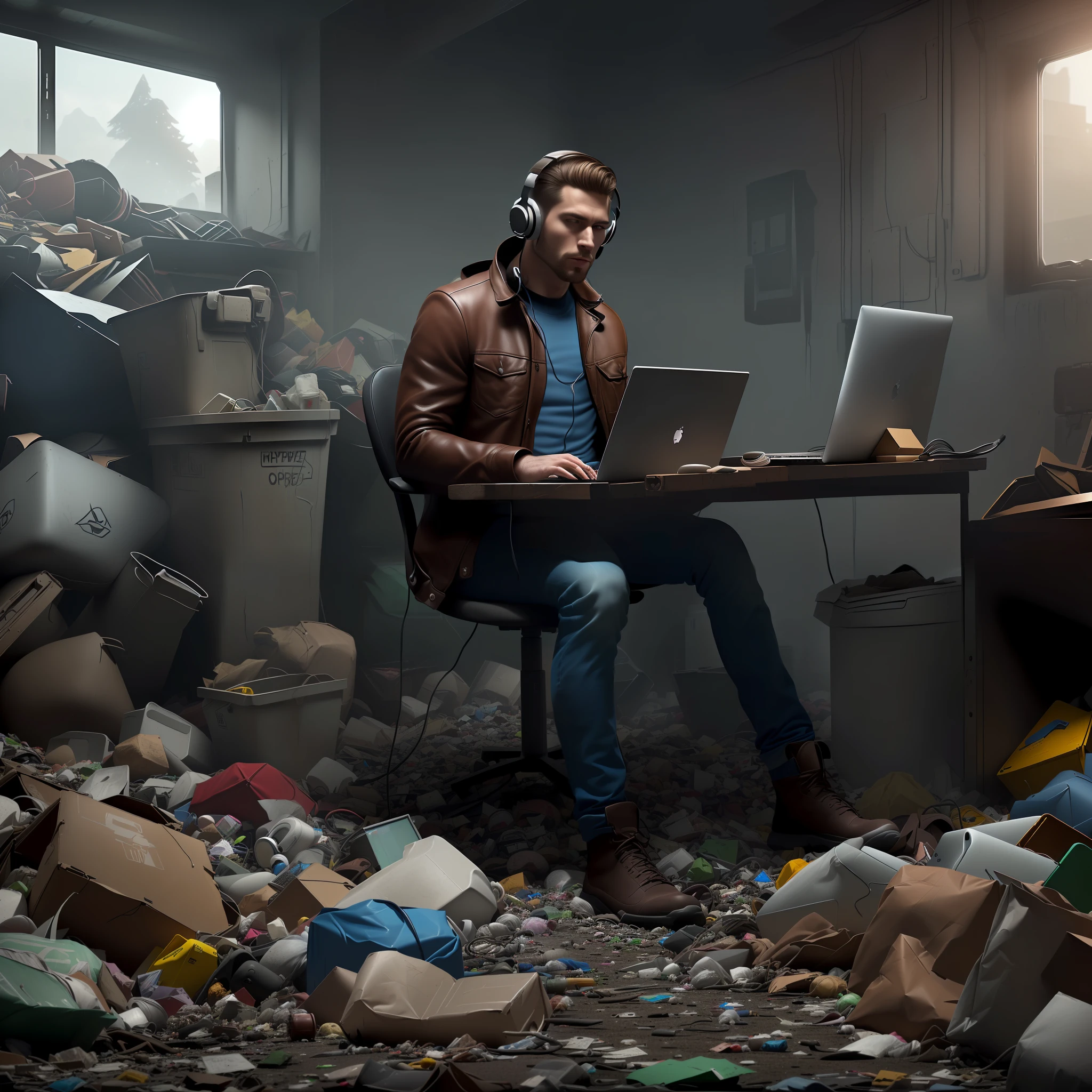 Create a futuristic artwork depicting a man with headphones at the garbage dumb of electronic waste, using a laptop as his only connection to the outside world. Let the image convey the idea of both isolation and the potential for technological renewal, highly detailed , hyper realistic, masterpiece, unreal engine, 8k resolution, fix face
