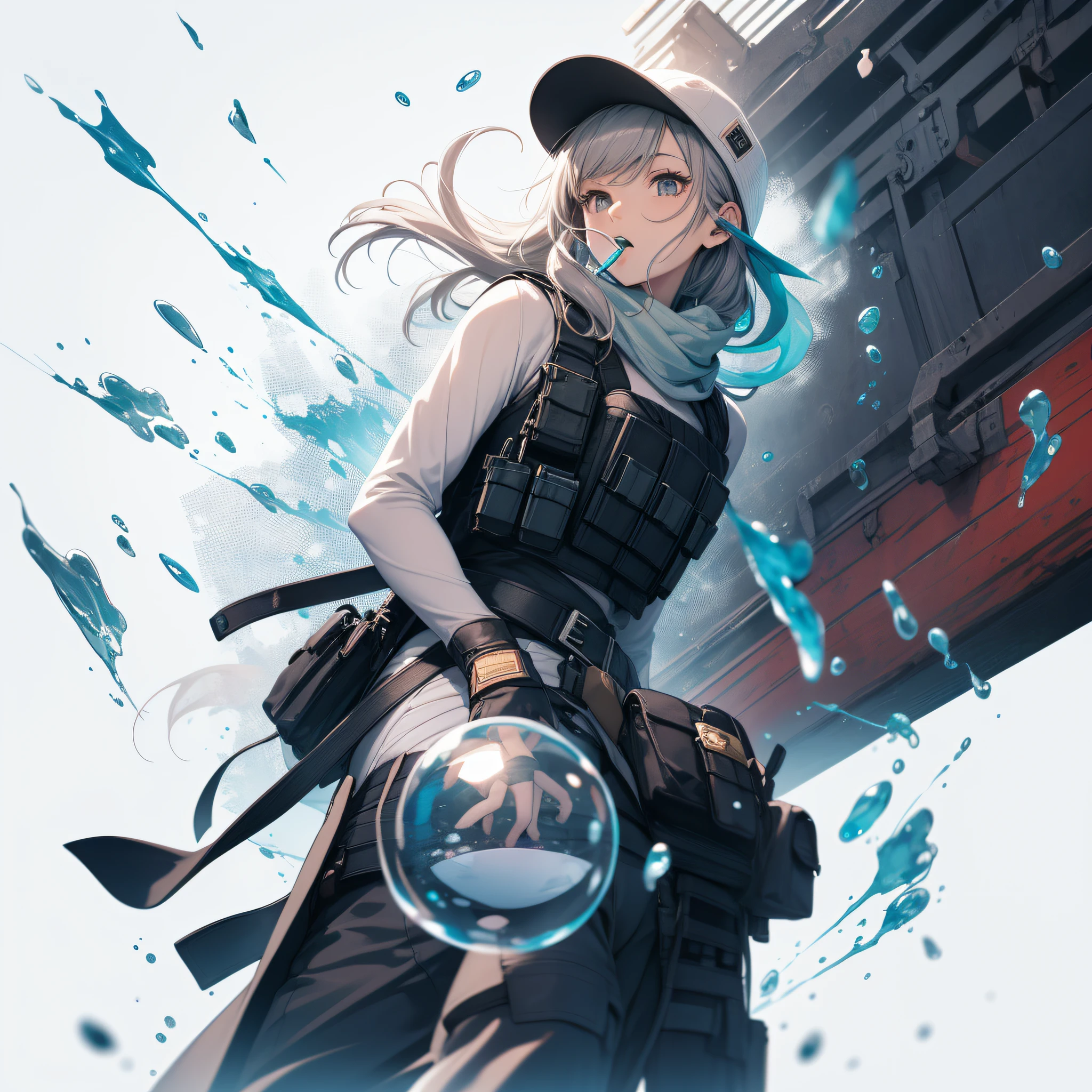 vhsKeeper, 1girls, Solo, chewing gum, bubble blowing, jumento, wearing a hat, looking back, White background, Scarf, pants, high leotard, Long hair, head phone, bulletproof vest, lookin at viewer