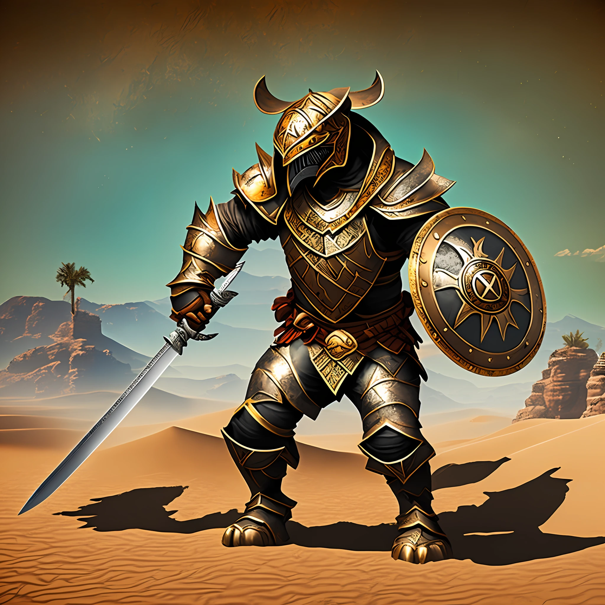 A fighting tiger in ebony armor and shining iron holding a shining sword and shield in a victory pose on a desert background