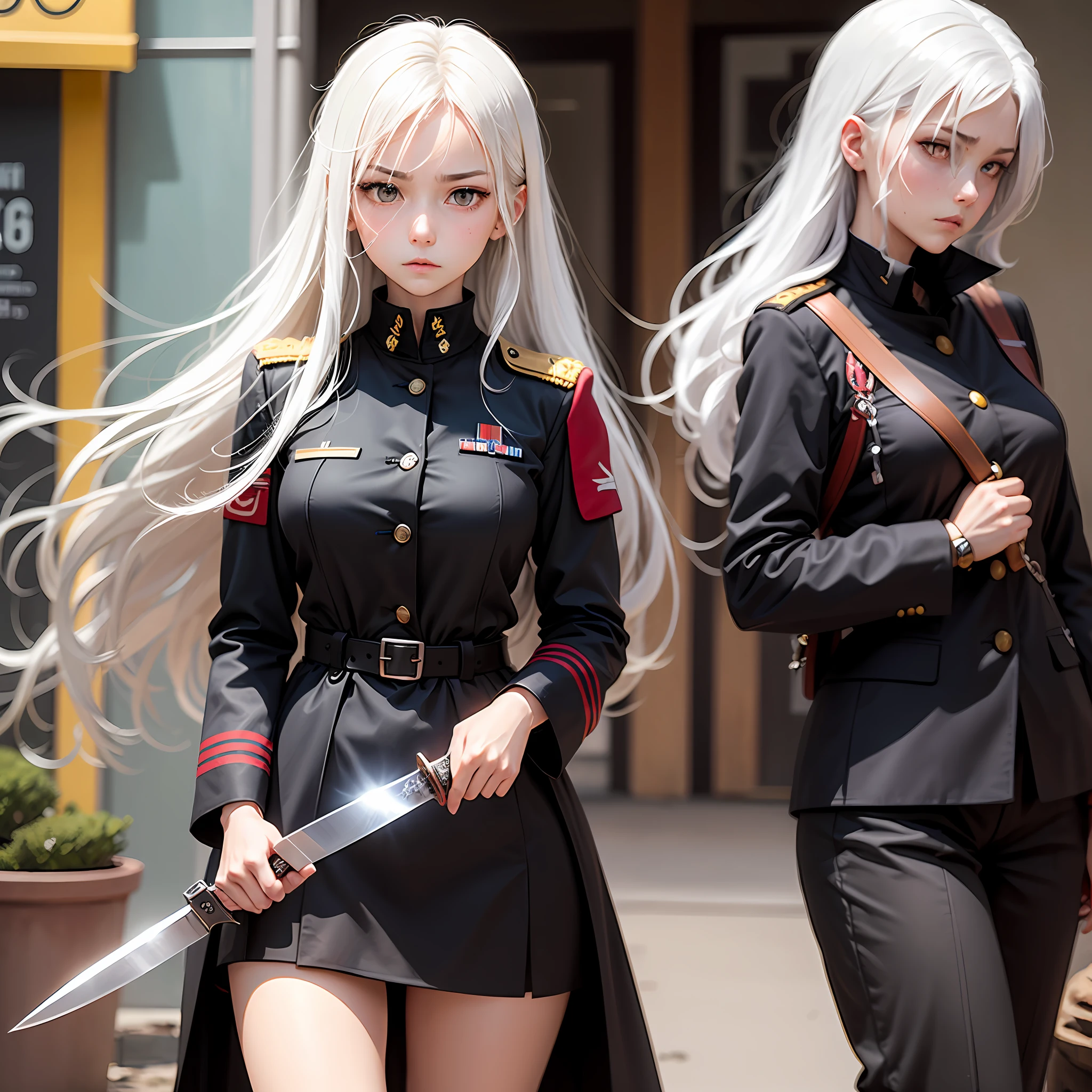 One was wearing a black military uniform,Wear a long knife,White-haired anime girl with cold expression --auto