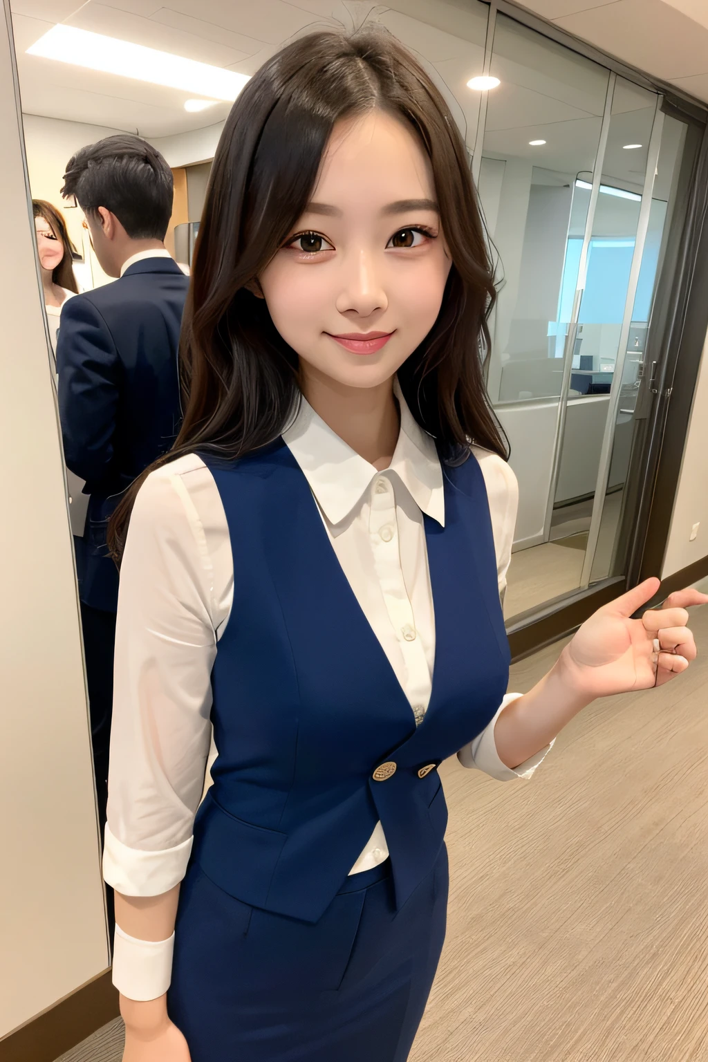 The girls1people、beginning々Shishi Woman、22years old、vests、Bow、a photo、逼真、beste Quality、((kawaii))、detailed faces、Slim body、s Office、Office Suits、Lady at the reception、Building from the window、detailed backgorund、Diffused sunlight、Depth-of-field、bokeh feeling、full full body、