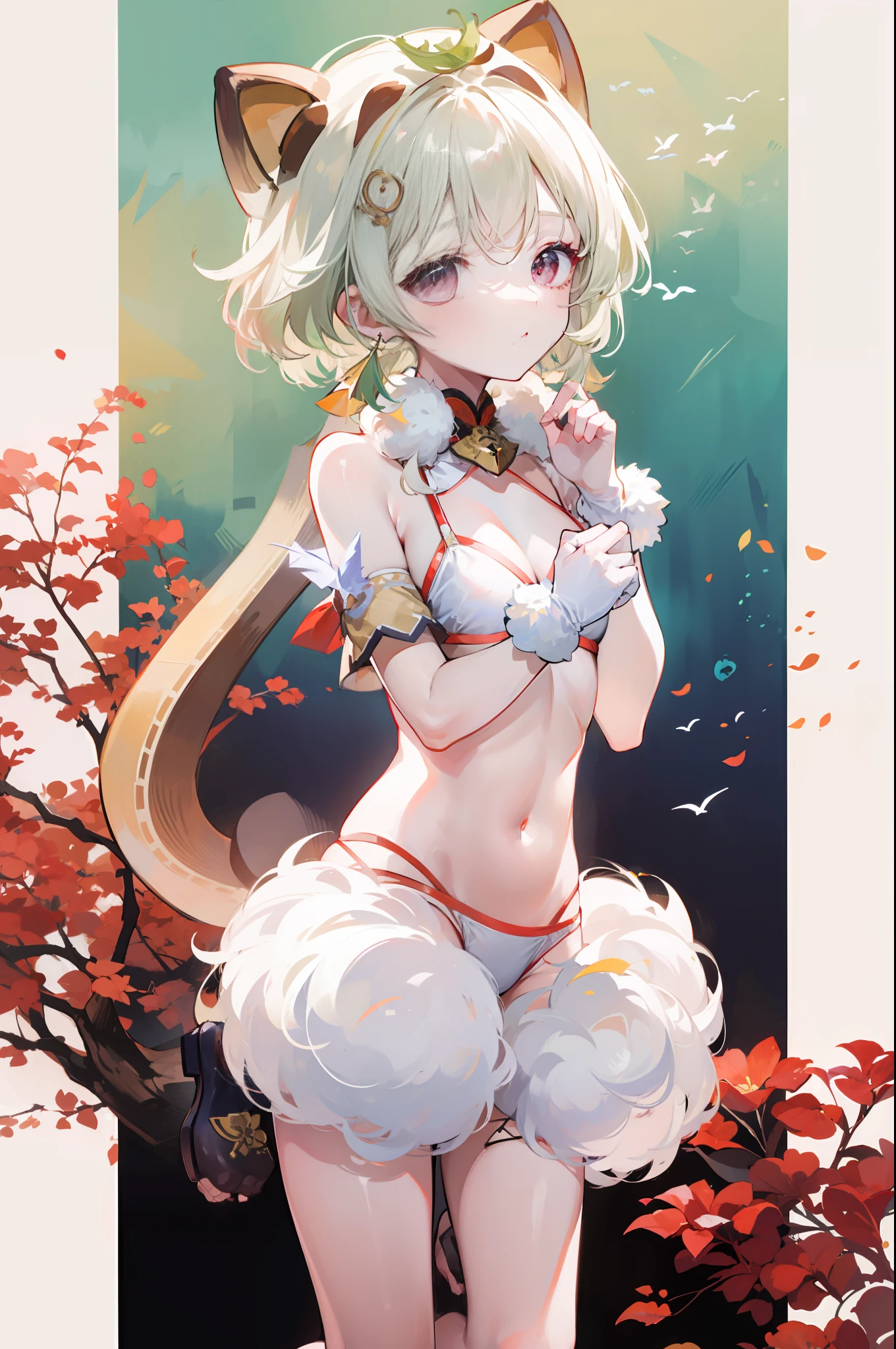杰作,Super mass,hyperdetails,Perfect drawing,1 beautiful girl,White fluffy bikini,Small round eyes,Height 135cm,Three sizes B70W50H75,fluffly,Kneeling,Pow paused