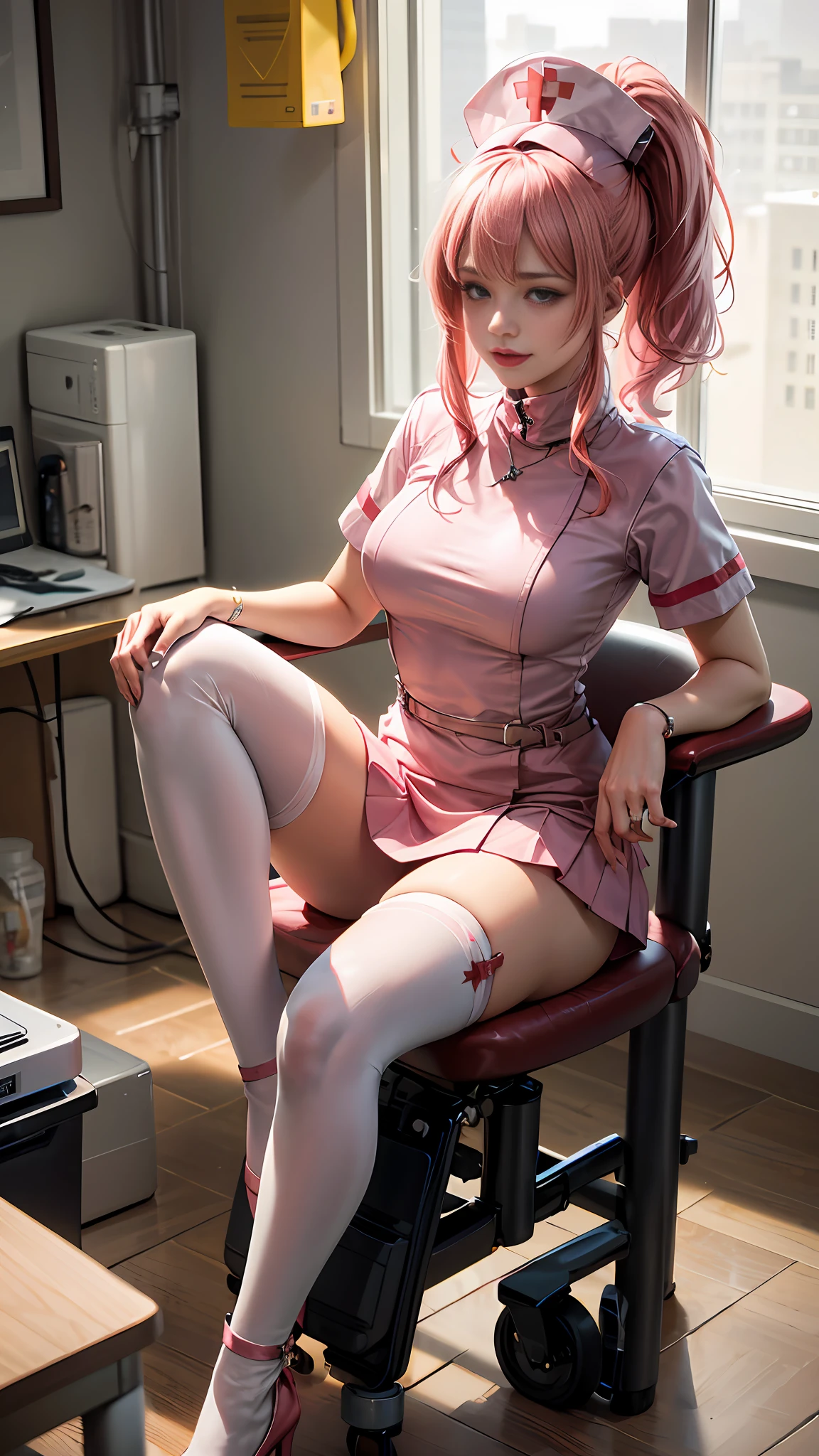 (A girl with pink double ponytail with long hair and pink nurse costume sitting on desk:1.3),1girls,(Wear pink:1.3),Nurse hat,(hospital ward:1.3),hospital bed,Doctor's table,Solo,upper-body,Cowboy shot,(Bottom-up perspective:1.3),Bright eye,Smile with,Sit on the ground with your knees bent,leg raise,full full body,Short pink skirt,(leggy:1.3),Exposing the skin of the legs,(杰作),(best qulaity),Lifelike,Cinematic light,Cool pose,Perfect body,Pink turtleneck tight nurse uniform,Pink shirt,impossible bodysuit,Corset,