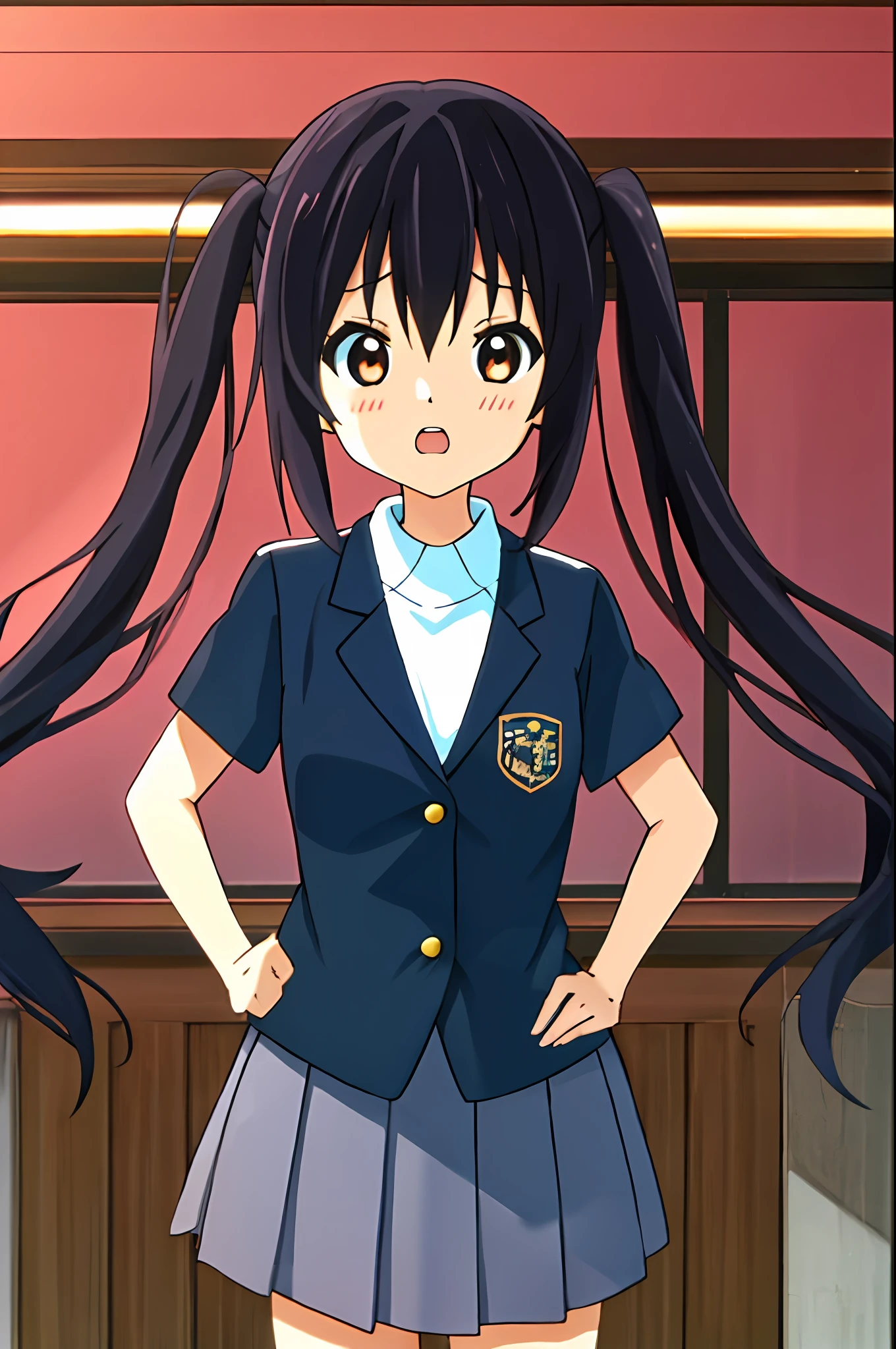(((masterspiece))), beste Quality, beste Quality, High detail, Azusa Nakano, 1girls, Sakuragaoka High School Uniform,Student uniforms, twintails, long hairs, black haired, brown eyess, 独奏, reddish, Dark blue blazer with thin red ribbon, Solid white buttoned shirt under blazer, illutst, comic book, soothing tones, Subdued Color, Soft cinematic light, adobe lightroom, photolab, EOS, Complex and highly detailed、(((Depth-of-field))))。(((masterspiece)))。(((beste Quality))).)((Ultra detailded)))。(((illutst)))。(((hands on hip))).,(((Gigantic))).(((Despair face))). Open mouth.(((sunsets))).(((sunset))).(((Clench your fists))).(((Be proud))).(((Small breasts))).inside the house