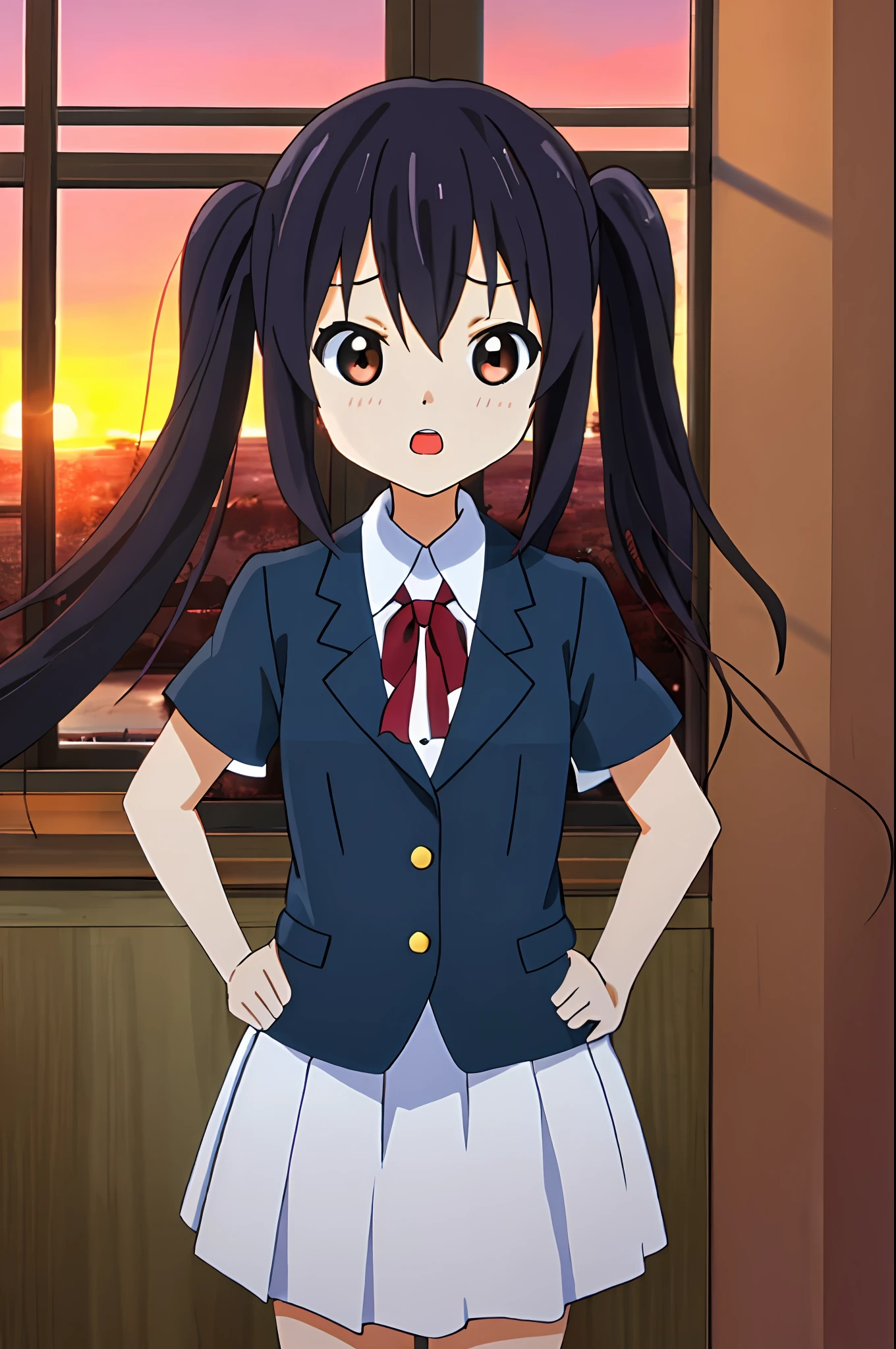 (((masterspiece))), beste Quality, beste Quality, High detail, Azusa Nakano, 1girls, Sakuragaoka High School Uniform,Student uniforms, twintails, long hairs, black haired, brown eyess, 独奏, reddish, Dark blue blazer with thin red ribbon, Solid white buttoned shirt under blazer, illutst, comic book, soothing tones, Subdued Color, Soft cinematic light, adobe lightroom, photolab, EOS, Complex and highly detailed、(((Depth-of-field))))。(((masterspiece)))。(((beste Quality))).)((Ultra detailded)))。(((illutst)))。(((hands on hip))).,(((Gigantic))).(((Despair face))). Open mouth.(((sunsets))).(((sunset))).(((Clench your fists))).(((Be proud))).(((Small breasts))).inside the house