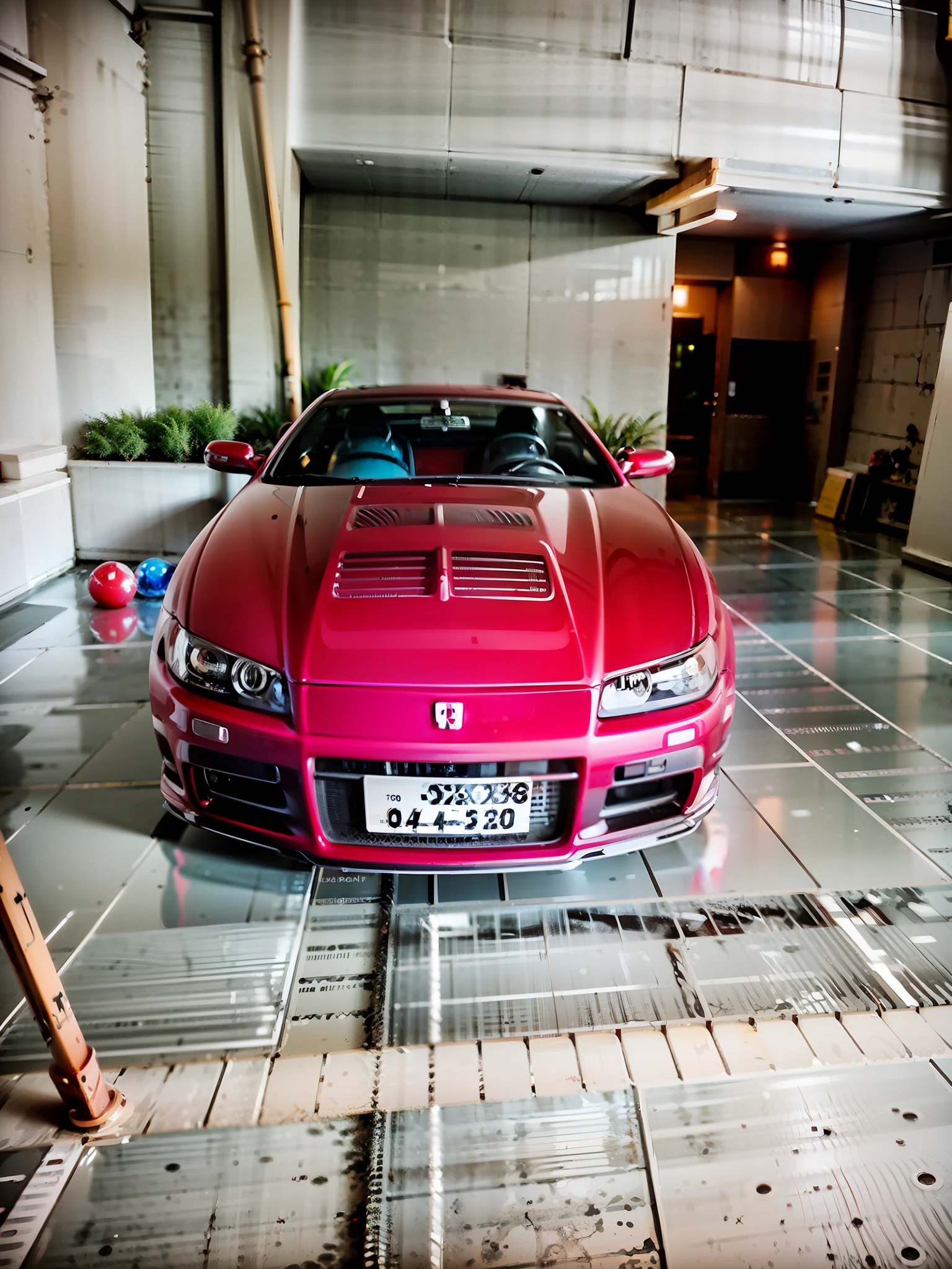 Ferrari car in the garage，White walls and green and white floors, frontal picture, 256x256, 2 5 6 x 2 5 6, red car, 1/1250s at f/2.8, 🔥 😎 🕹️ 👀, sports car in the room, ferrari 458, the front view