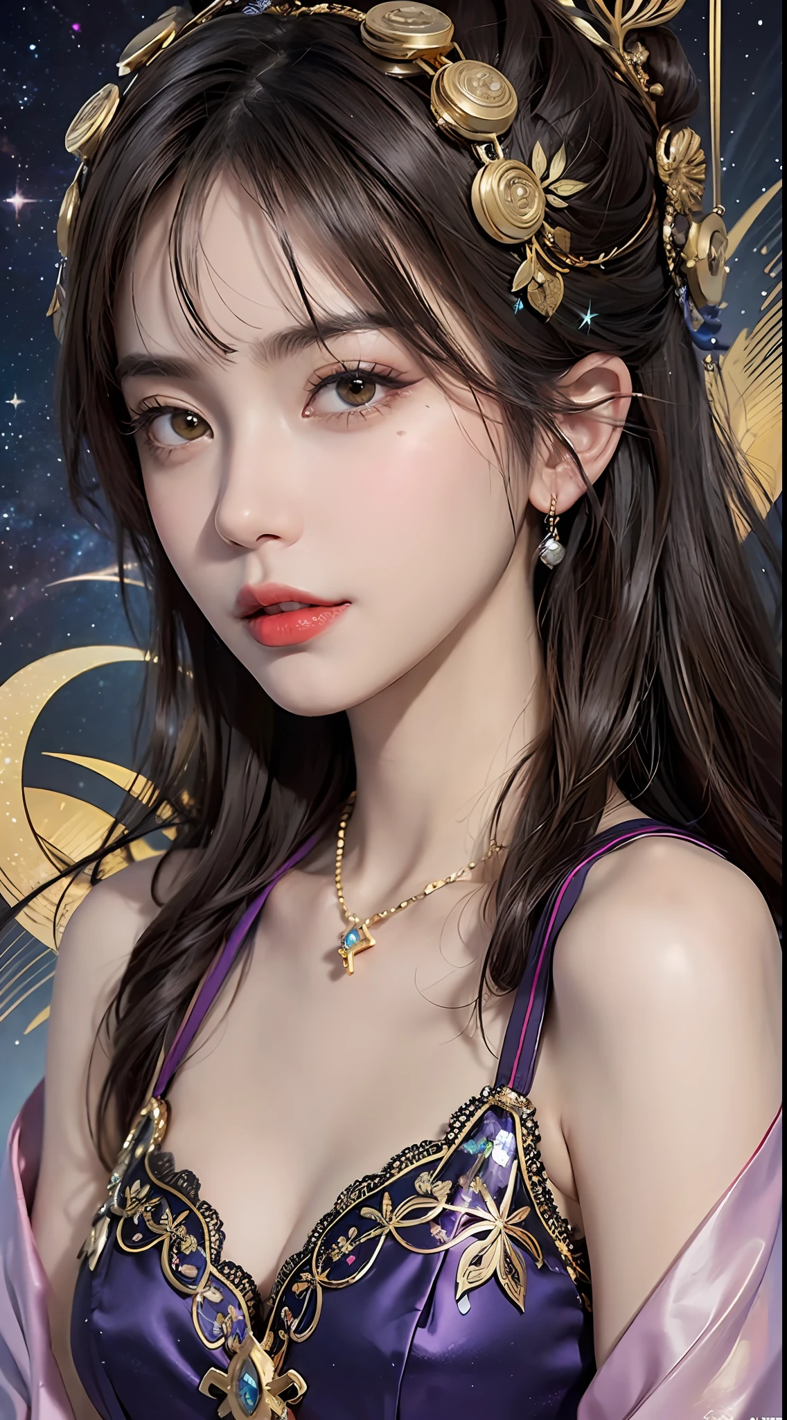 1 27-year-old girl, 1 zodiac goddess from the future, 12 zodiac goddess pink purple, 12 zodiac goddess ao dai
thin gold, long thin nightgown 12 zodiac with many details black lace, mythology Goddess of the 12 zodiacs from the future, zodiac , luxury sparkling zodiac style, dark version and mystery, zodiac crown, red lipstick, thin and pretty lips, don't smile, keep your mouth shut, characters created by karol bak and pino daeni, intricate details, detailed backgrounds, extremely detailed, light magic, a woman, clear face, look at the face of the zodiac goddess look at the face of the goddess of the zodiac, round breasts, Big and round breasts, brooch phoenix hair, long hair with flat bangs, beautiful detailed face and well-proportioned eyes, (transparent yellow eyes: 1.8), big round eyes and very beautiful and detailed makeup, visionary, nightdress silk fabric, mysterious makeup, Bracelets, side bangs and dyed light blonde, upper body, (goddess of the zodiac, upper body: 1.9), drooping arms, Foot photo real and alive, (the stars that make up the zodiac: 1.7), (the zodiac in the sky and the fictitious space and time portals: 1.8), fiction art, RAW photos, hanfu photo, best photo, high_res, best quality, best photo, 8k quality, 8k ultra, surreal, the most economical real photo, artistic portrait of 12 zodiac signs, 1 symbol of 12 zodiacs behind, single portrait of 12 zodiac goddess, Most realistic color scheme, best photo color, masterpiece, hair ornament, necklace, jewelry, beautiful face, upper body, tyndall effect, foot photo real, dark studio, border light, two tone light, (high granularity skin: 1.2), 8k uhd, dslr, soft light, high quality, volumetric light, candid, Photo, high resolution, 4k, 8k quality, Bokeh, Smooth and sharp, 10x pixel up, Charming Zodiac goddess, sexy zodiac goddess, (background space: 1.8), (galaxy: 1.7), aurora, lightning, (Aurora Background: 1.8) <lora:locon_perfecteyes_v1_from_v1_