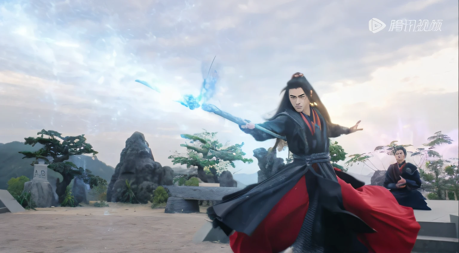 Men, red-robed man with gun, fairy hero, martial arts, long black hair, close-up, three-dimensional facial features, masterpiece, perfect light and shadow,