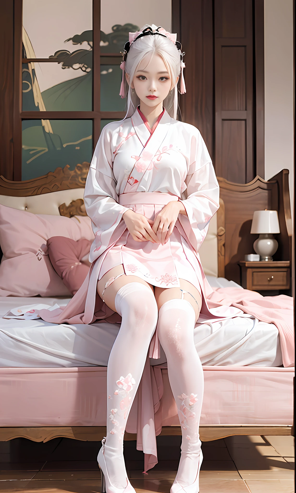 Chinese style, white hair, Chinese clothing, Tang style Hanfu, Hanfu, ((((pink and white skirt)), embroidery, over-the-knee socks, high heels, interior, bed