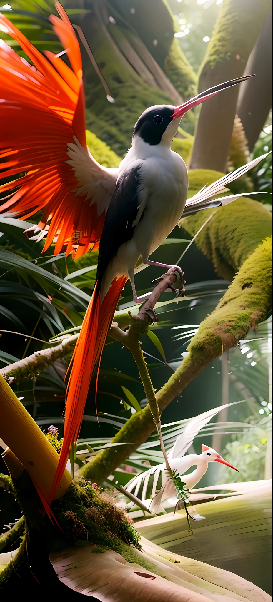 there is a white bird with a long beak standing on a mossy branch, hermoso y elegante, Fotograma del documental Nature, Naturaleza realmente hermosa, Fotograma de un documental de naturaleza, a surrealistic bird, peaceful and graceful, hermosa naturaleza, surrealistic bird, japanese crane bird in center, foto muy bonita, Impresionante naturaleza en el fondo, hd nature photography, rare bird in the jungle