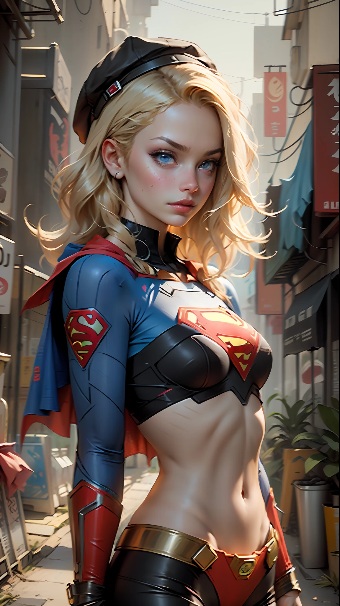 Beautiful supergirl medium blonde hair, wearing a cap, cyberpunk style short clothes, with superman's S symbol on her chest, blue eyes.