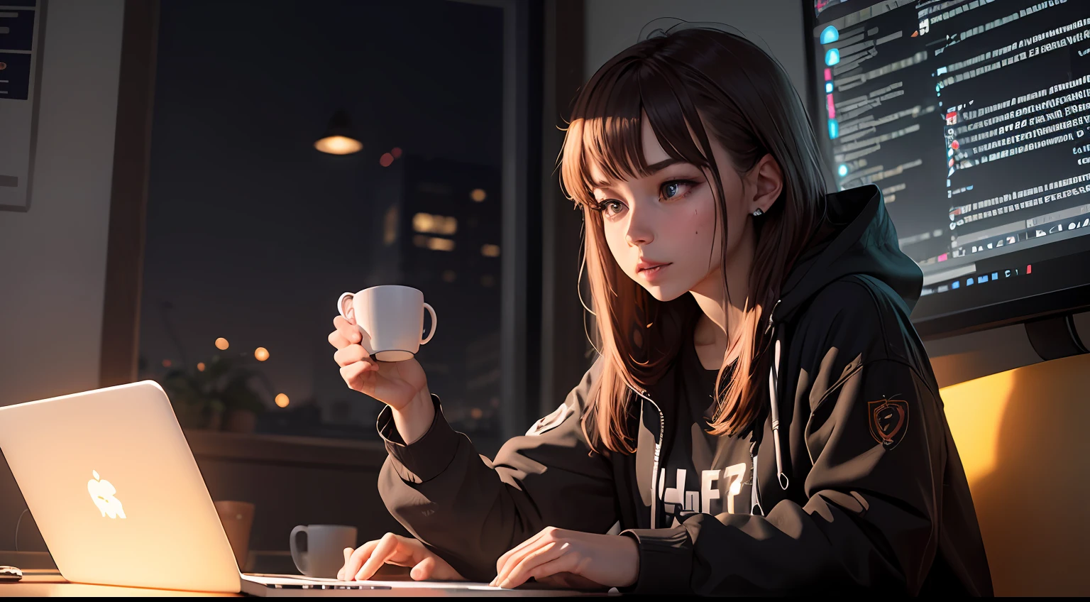 coding at night, chill, coffe, high details, 4k