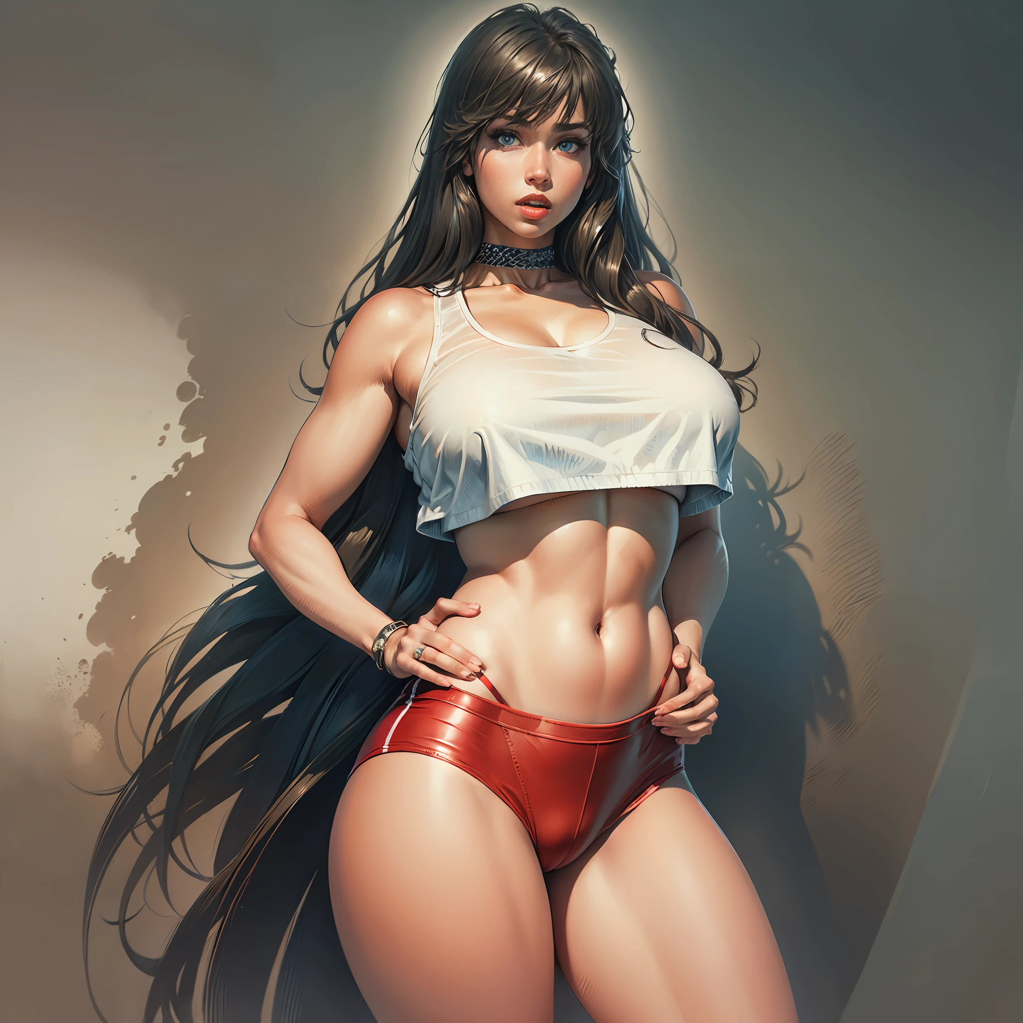 woman wearing a crop top, druuna, dark blue eyes, white crop top, red thong, full lips, big_boobs, best quality, realistic