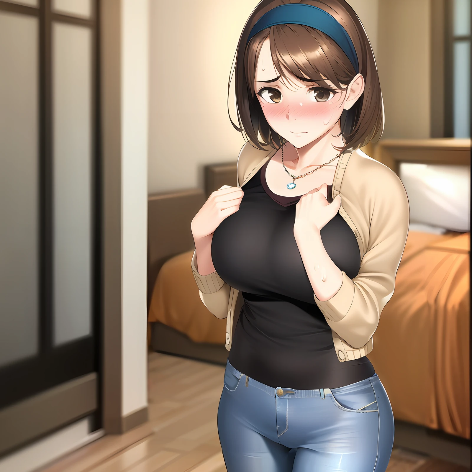 anime girl with a black top and blue jeans posing for a picture, Smooth anime CG art, Realistic anime 3 D style, [ 4 K digital art ]!!, Casual pose, attractive anime girls, anime moe art style, touching her clothes, seductive anime girls, thicc, wearing casual clothing, semi realistic anime, ECCHI anime style, realistic anime artstyle