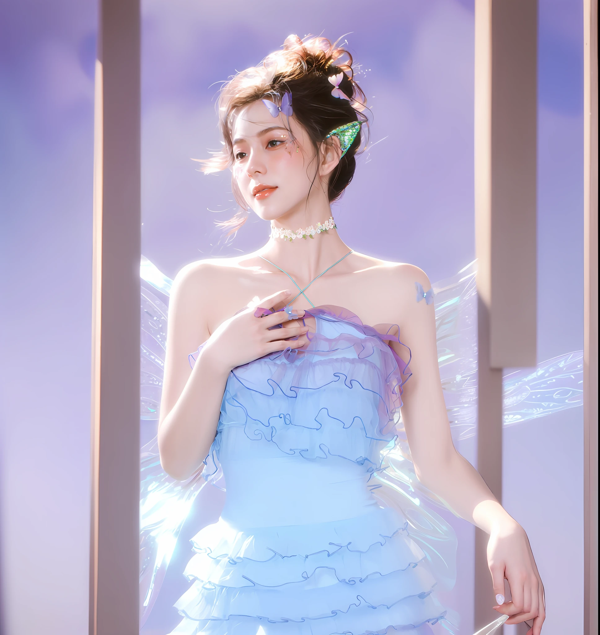 There is one wearing a blue dress,Woman with fairy wings, ethereal wings, smiling as a queen of fairies, astral fairy, Ethereal fantasy, Ethereal beauty, inspired by Yanjun Cheng, ethereal fairytale, beautiful adult fairy, Beautiful fairy, fairy aesthetics, xianxia fantasy, full body xianxia, fairycore, faerie, shaxi, a stunning young ethereal figure