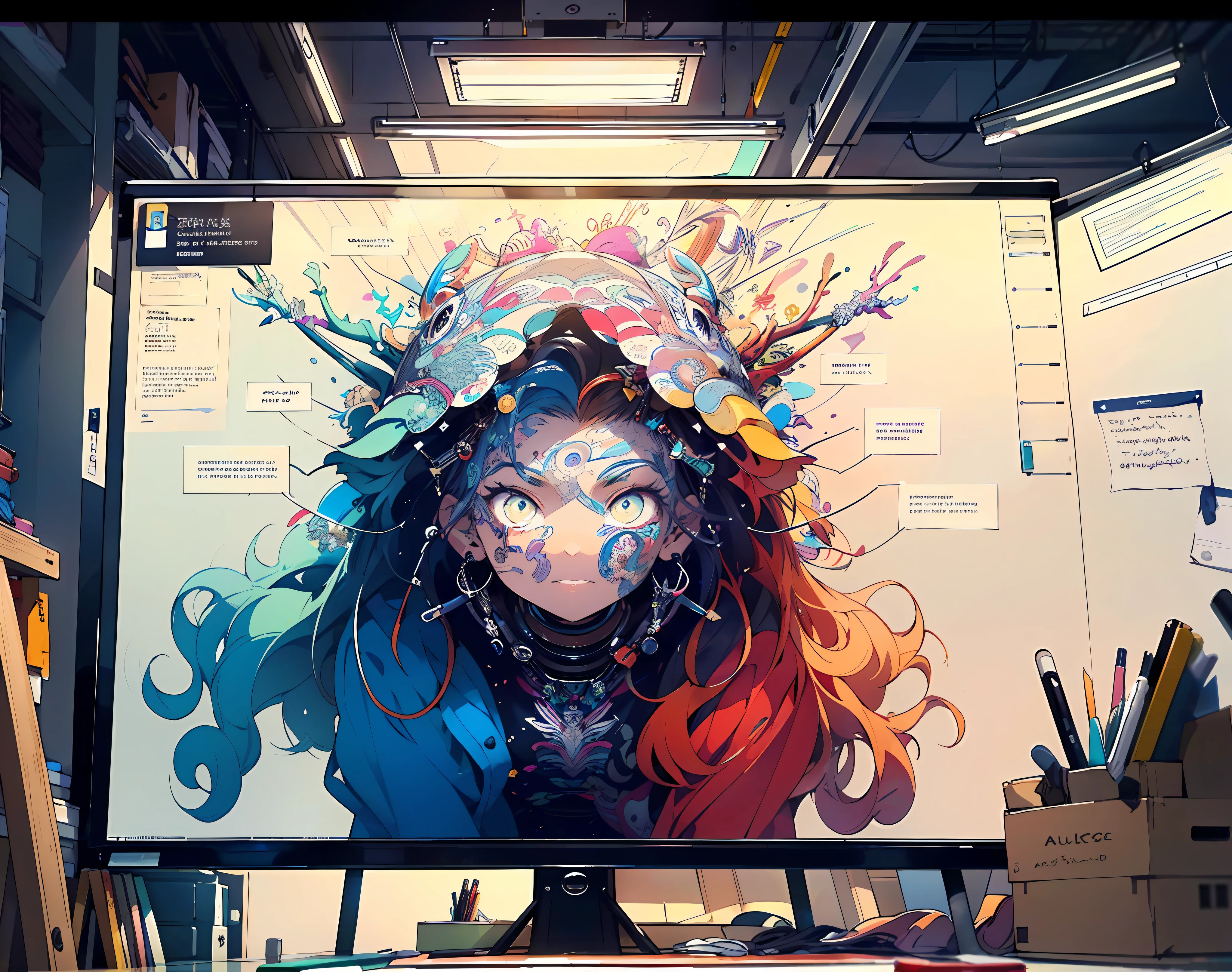 Realistic, (Masterpiece, Top Quality, Best Quality, Official Art, Beauty and Aesthetics: 1.2), Very Detailed, Fractal Art, Colorful, Most Detailed, Zentangle, (Abstract Background: 1.5) (a graphic design team discussing during a design sprint as they prototype a mobile app on a large whiteboard in their office room)
