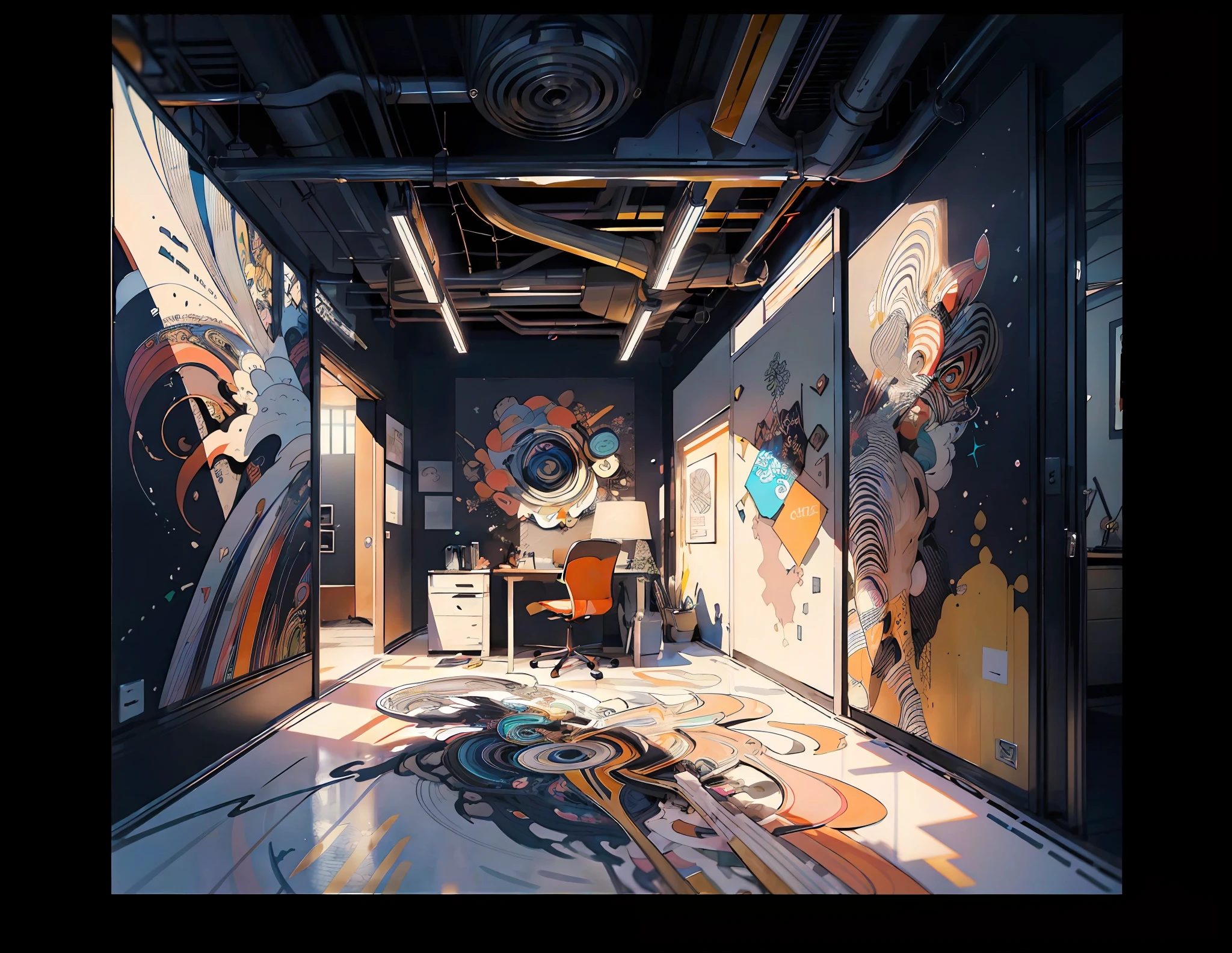 Realistic, (Masterpiece, Top Quality, Best Quality, Official Art, Beauty and Aesthetics: 1.2), Very Detailed, Fractal Art, Colorful, Most Detailed, Zentangle, (Abstract Background: 1.5) (group of designers creating a systen design on a large blackboard inside a room in their office)