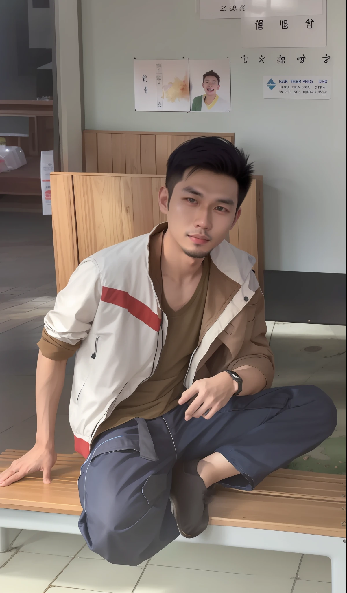 there is a man sitting on a bench with a jacket on, hoang long ly, dang my linh, bao pham, thawan duchanee, nivanh chanthara, mohamed chahin, 2 , dzung phung dinh, 2 8 years old old man, with accurate face, 2 3 years old