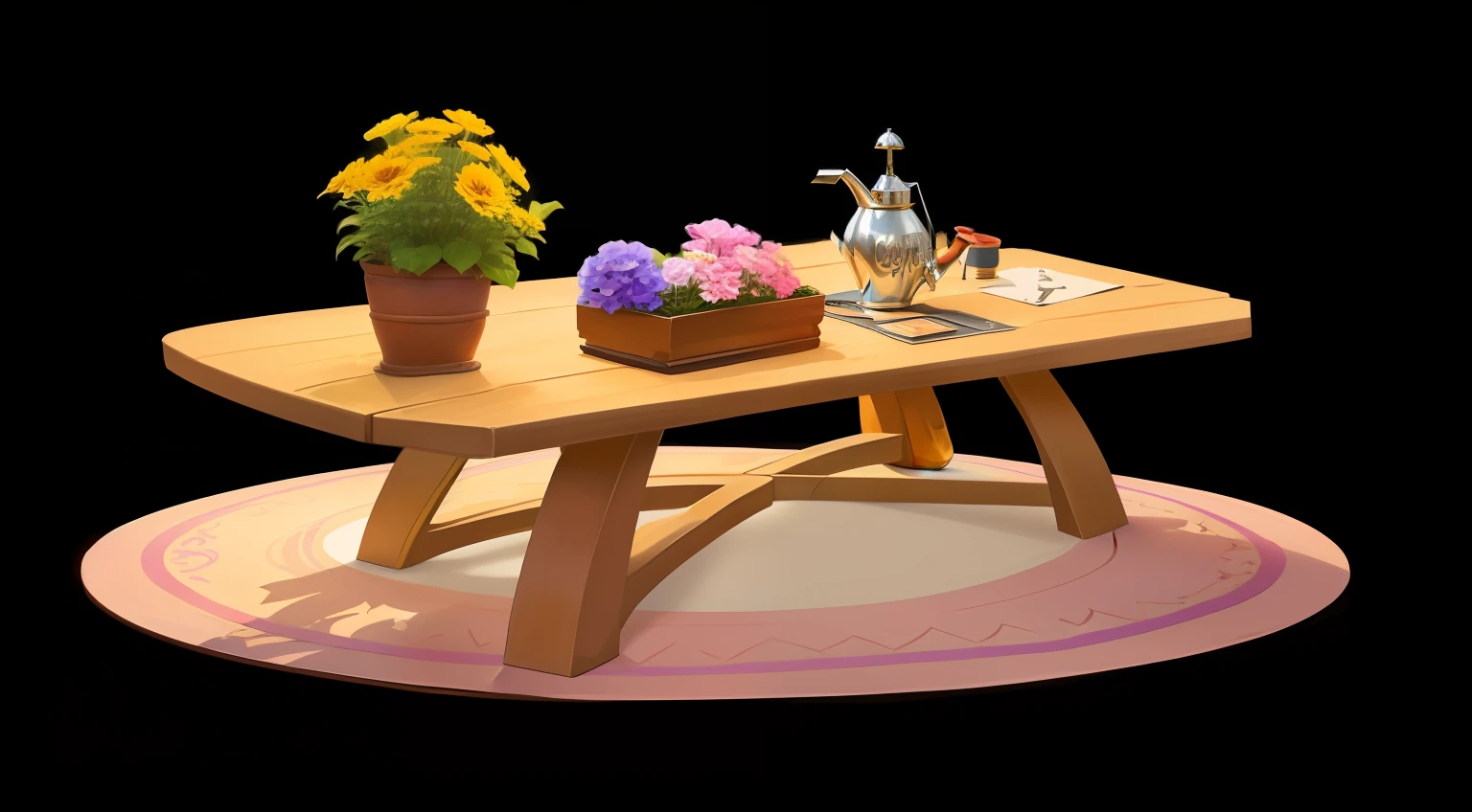 Style of play,cartoony,best qulaity,ultra-highres,A carpet,A table,There is a vase on the table, a pot of flowers, a watering can,A pair of scissors,A lying flower --auto
