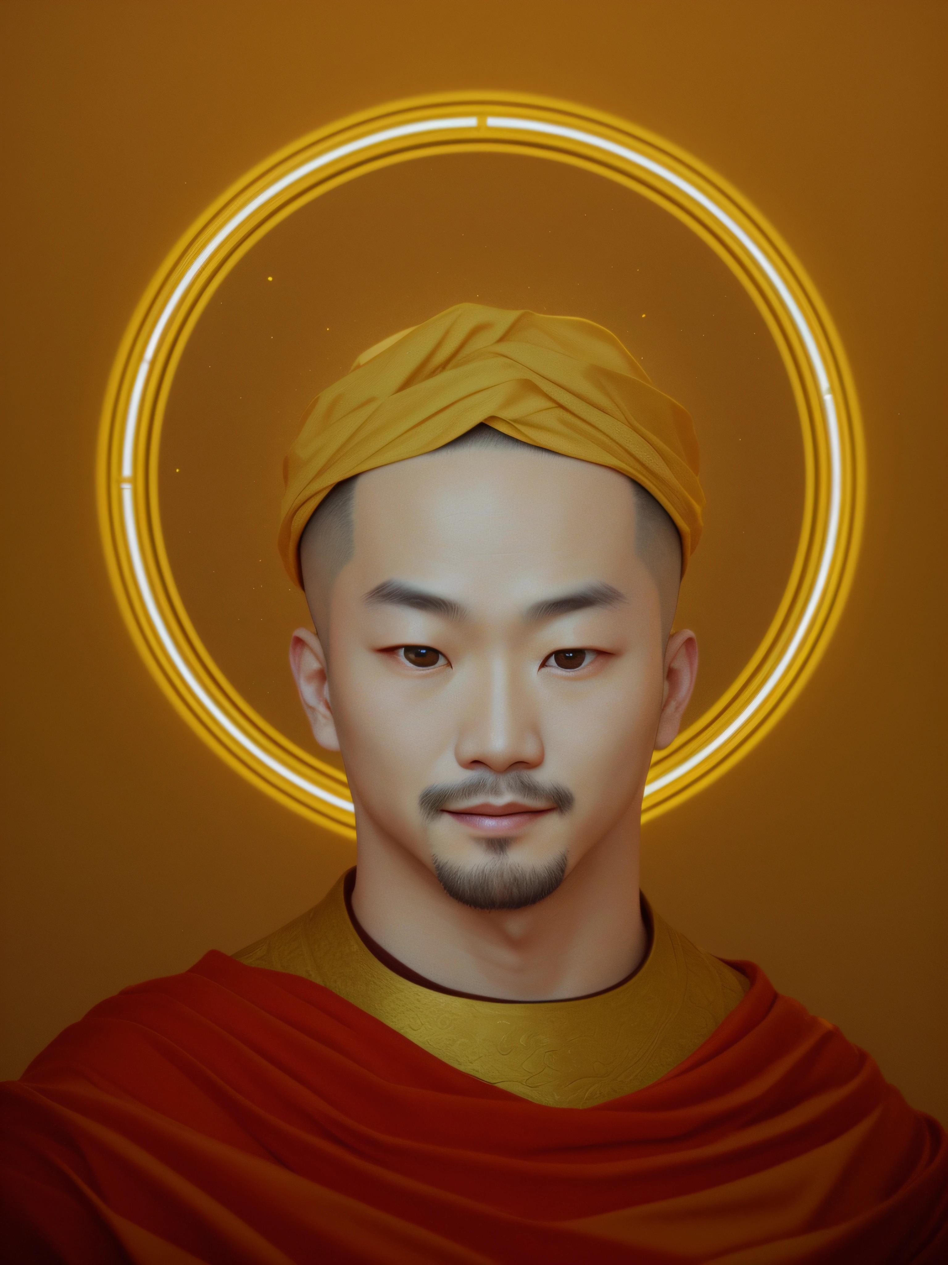 Portrait of a Chinese man with a yellow halo on his head, Monk with red tunic with golden details, colar largo de ouro, bigode fino, smooth and long Asian-style, Santo de ouro bonito, hiperrealista, 8k, vfx
