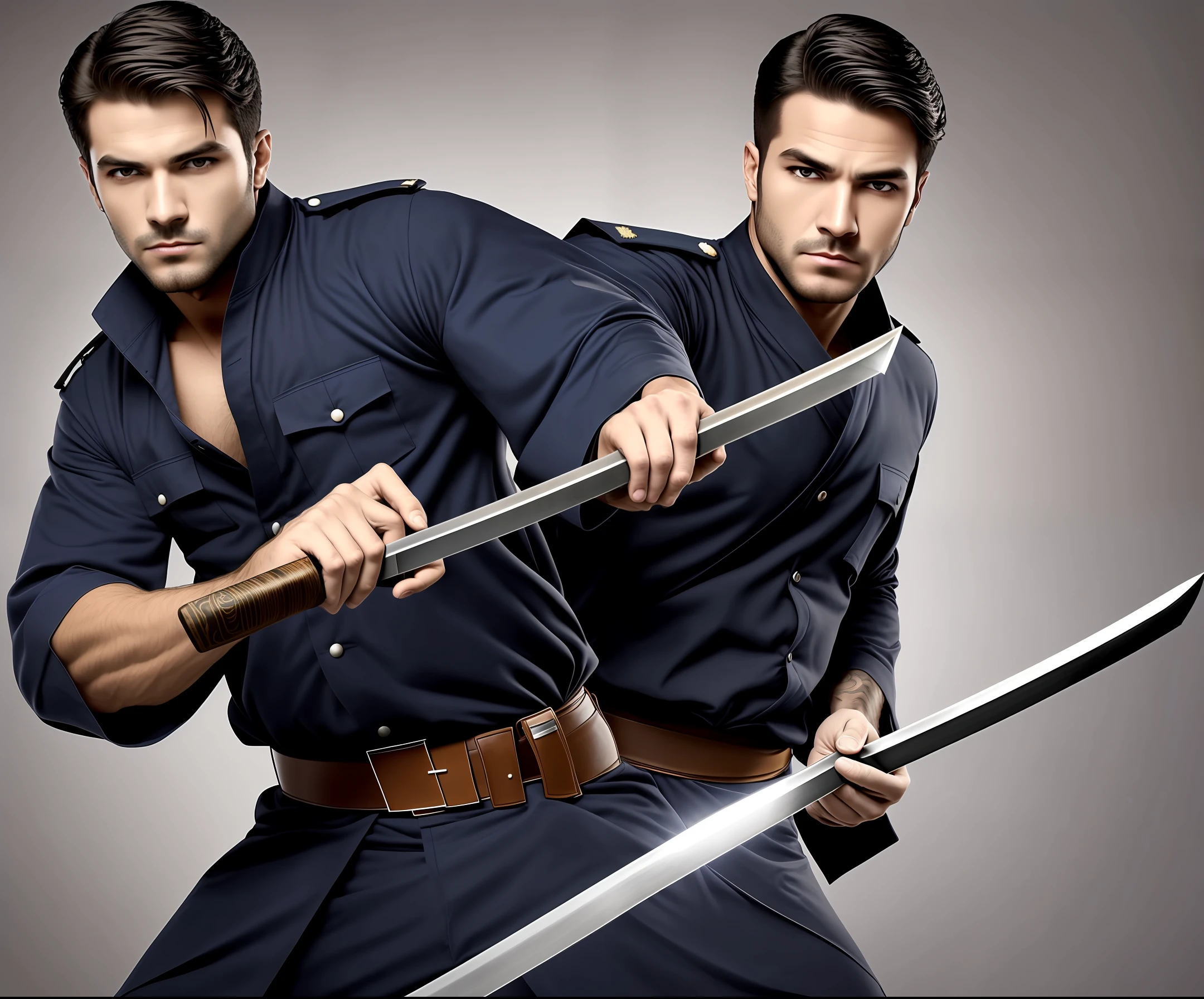Homem, homem forte, homem branco, cabelo branco, corte militar, armado com katana, olhos azuis, roupas orientais