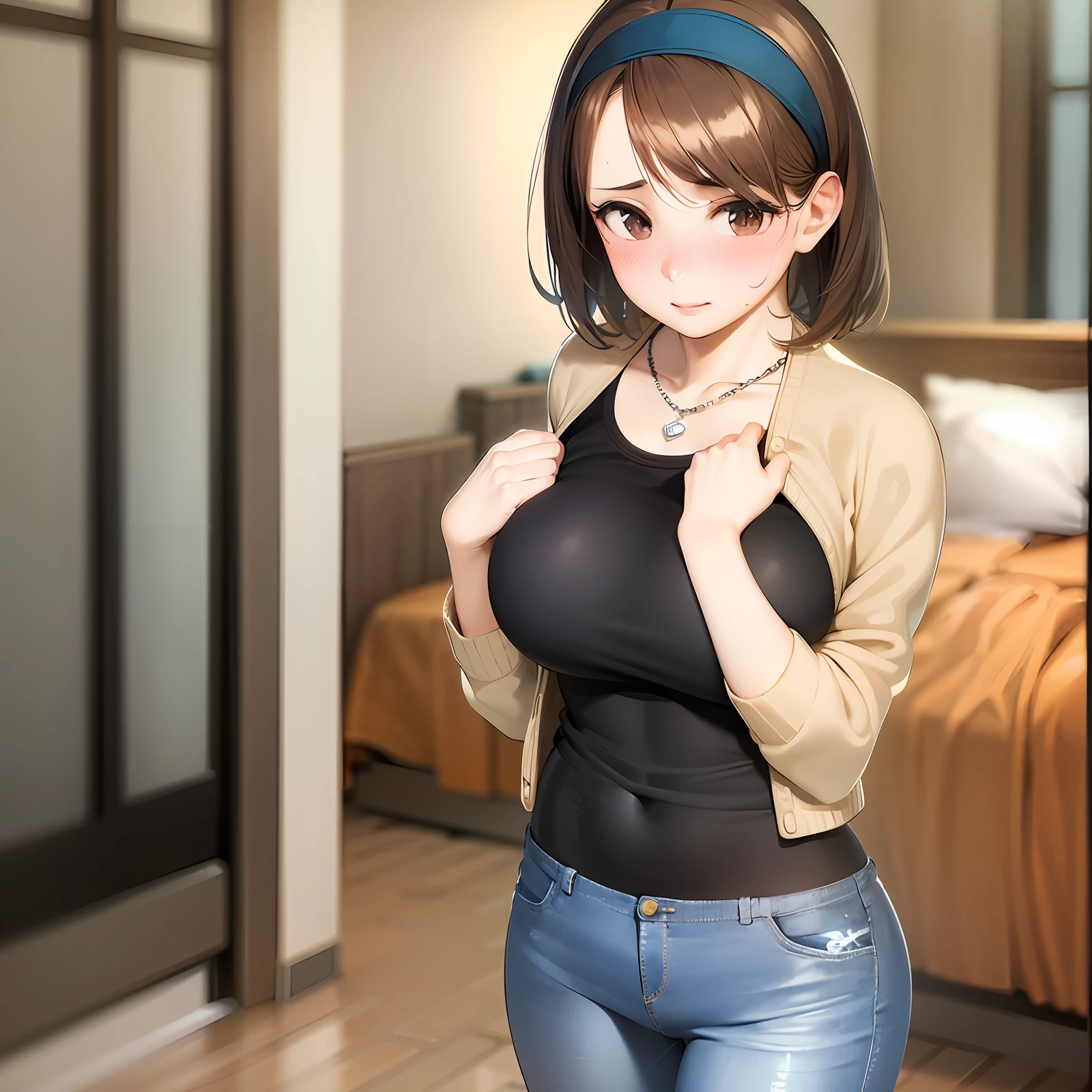 anime girl with a black top and blue jeans posing for a picture, Smooth anime CG art, Realistic anime 3 D style, [ 4 K digital art ]!!, Casual pose, attractive anime girls, Anime moe art style, touching her clothes, seductive anime girls, thicc, wearing casual clothing, semi realistic anime, ECCHI anime style, realistic anime artstyle