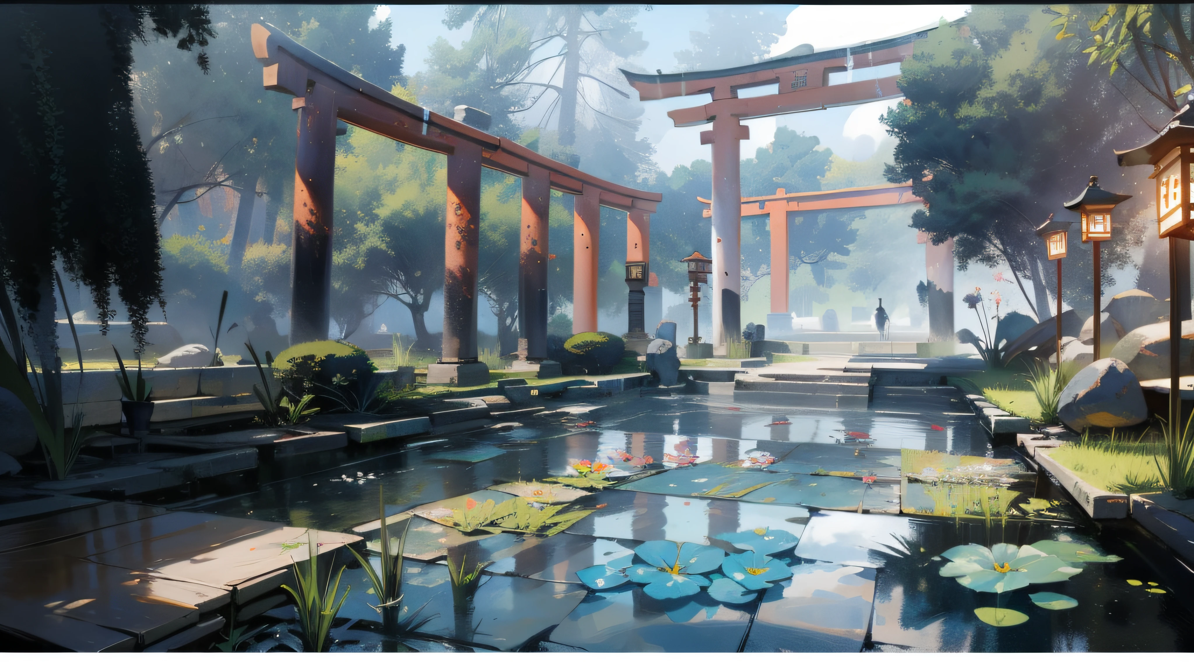 Painting of a japanese garden with a pond and a tori tori gate - SeaArt AI