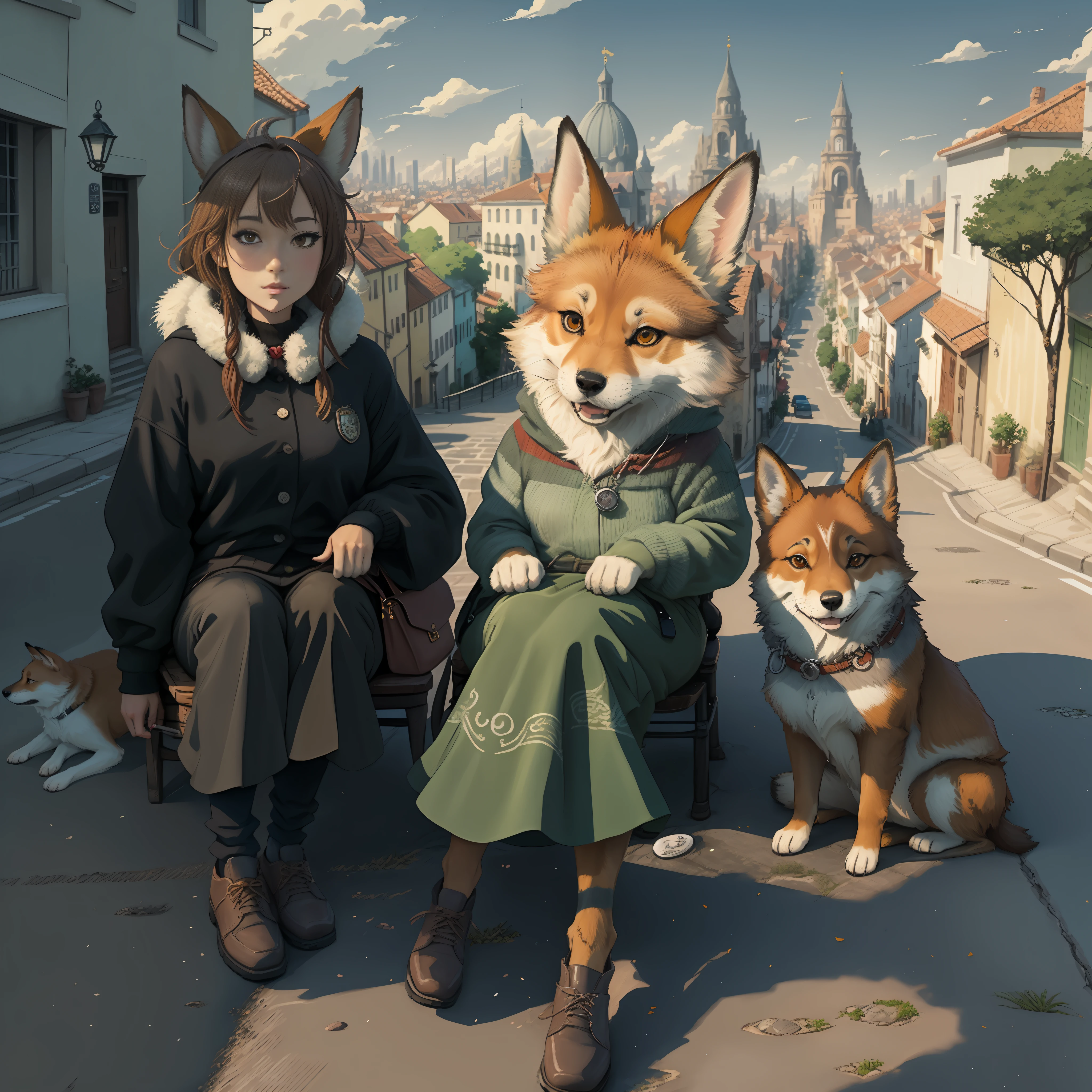 anime style picture of a dog sitting on a cobblestone street, Cidade Kitsune colorida, Estilo anime cityscape, pintura digital altamente detalhada, stylized digital illustration, ancient city streets behind her, arte de fundo do anime, pintura digital altamente detalhada, in style of digital illustration, Arte de fundo, em Zootopia City, Beco Ghibli Espanhol, pintura digital muito detalhada