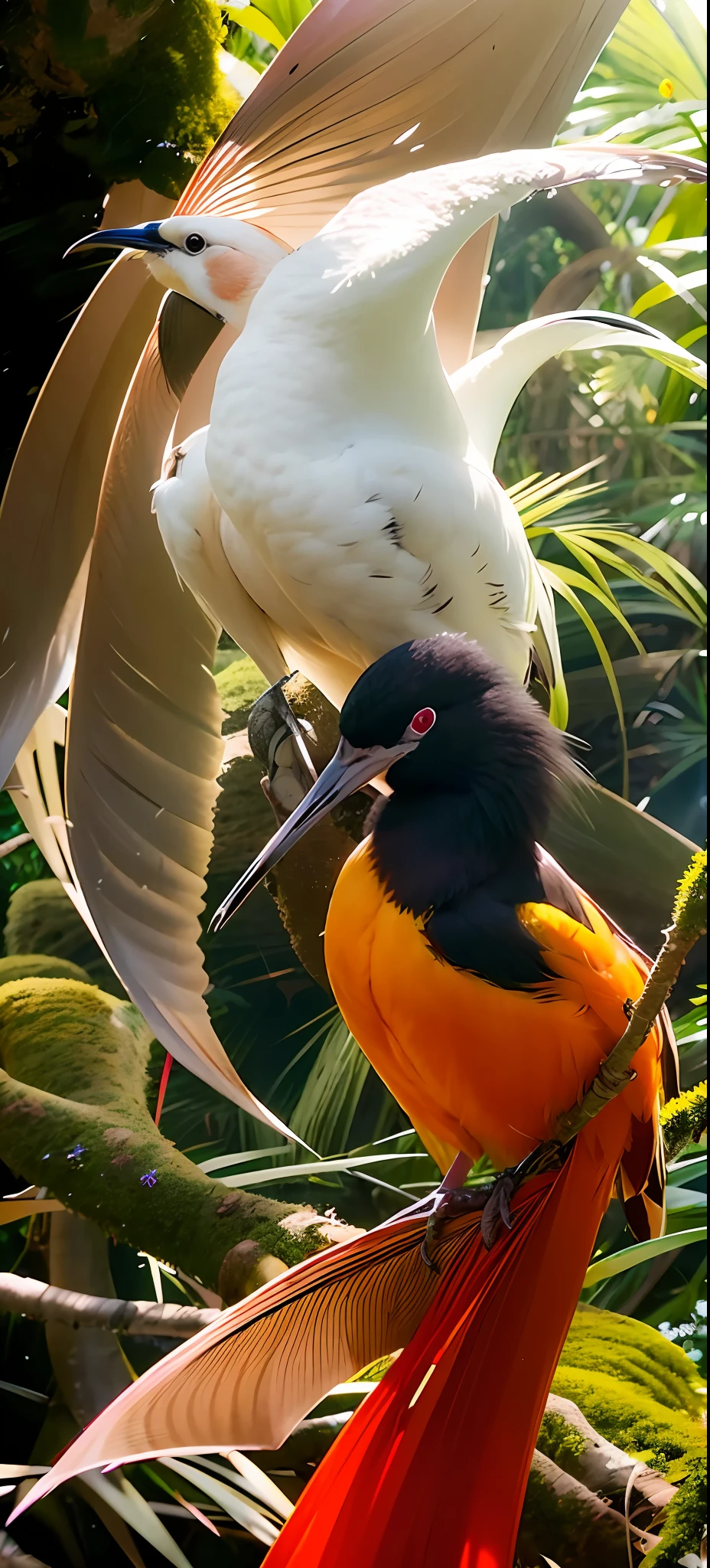 there is a white bird with a long beak standing on a mossy branch, hermoso y elegante, Fotograma del documental Nature, Naturaleza realmente hermosa, Fotograma de un documental de naturaleza, a surrealistic bird, peaceful and graceful, hermosa naturaleza, surrealistic bird, japanese crane bird in center, foto muy bonita, Impresionante naturaleza en el fondo, hd nature photography, rare bird in the jungle