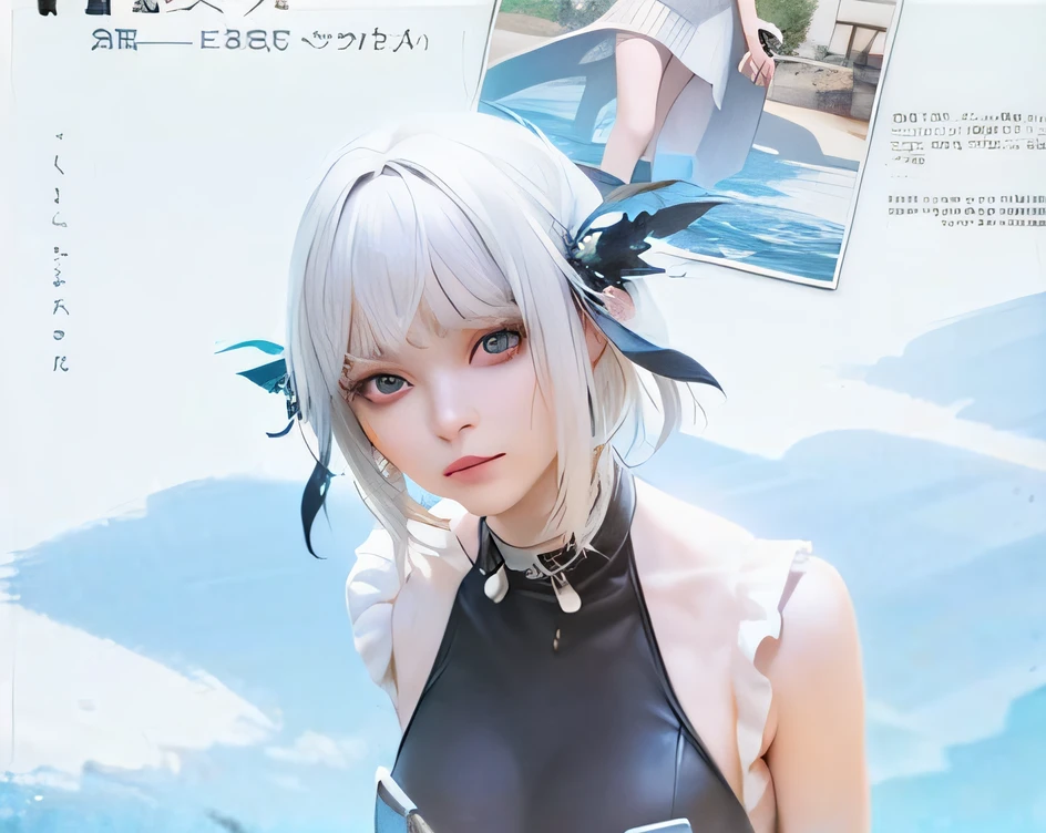 best quality, ultra high res, 1girl, sleeveless white button shirt, black skirt, black choker, cute, (Kpop idol), (aegyo sal:1), (platinum blonde hair:1), ((puffy eyes)), looking at viewer, full body, facing front