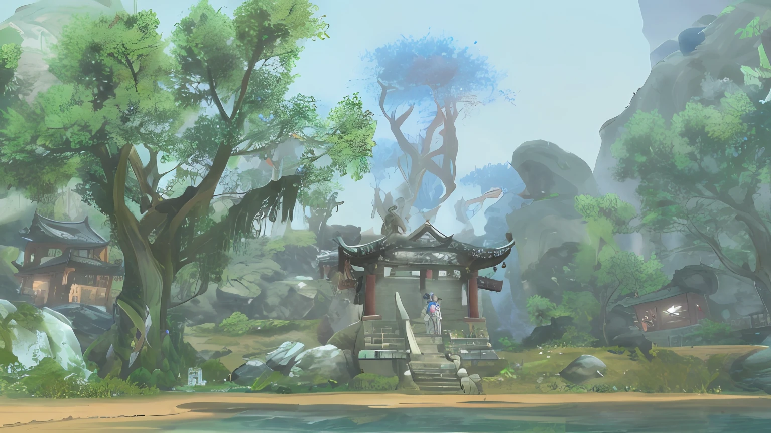 there is a small temple in the middle of a forest, Heise Jinyao, Imagem do jogo, mysterious temple setting, Aion, MMORPG, MMO, Xianxia, <Cena MMORPGS, entrance to ethereal realm, near crystal temple in atlantis, World of Warcraft Captura de tela, Jin Shan, amazing mmorpg, Xianxia fantasia, inspirado em Hong Ren, de wow --auto